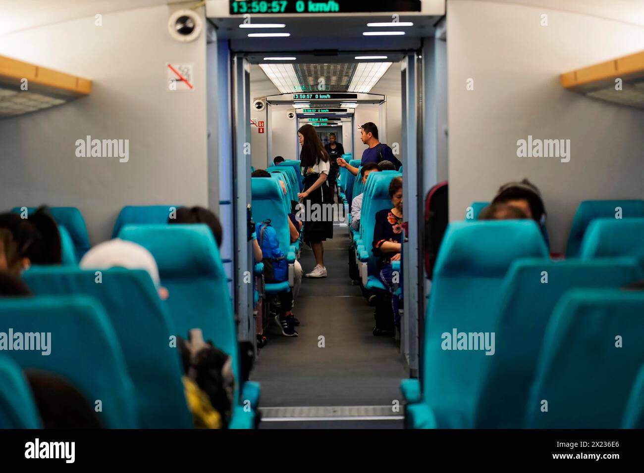 Shanghai Transrapid Maglev Shanghai maglev train stop train station station, Shanghai, China, Asia, Interior of a moving high-speed train full of Stock Photo