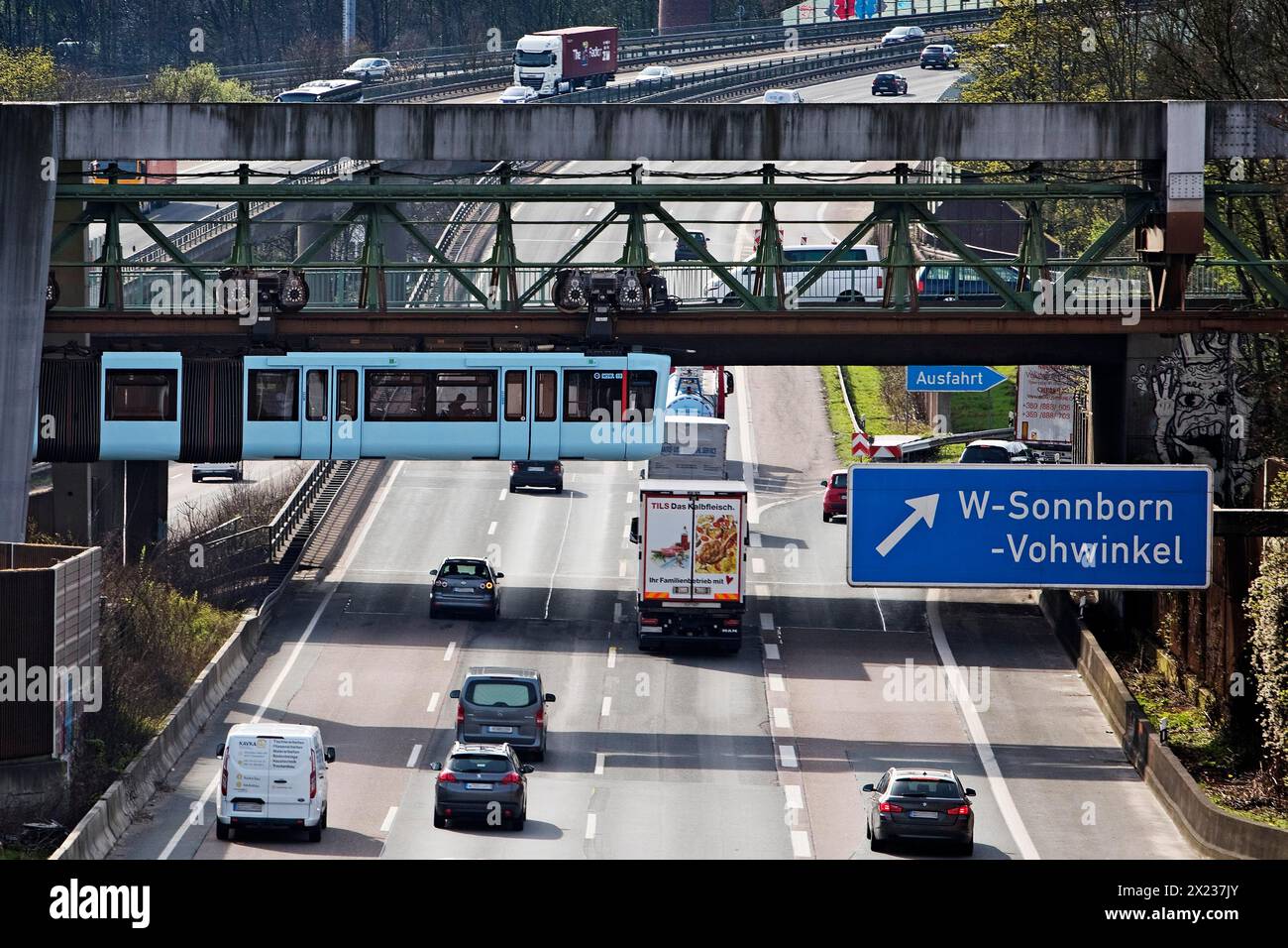 Wuppertal suspension railway crosses the A46 motorway at Sonnborner Kreuz, inner-city motorway junction, Wuppertal, North Rhine-Westphalia, Germany Stock Photo