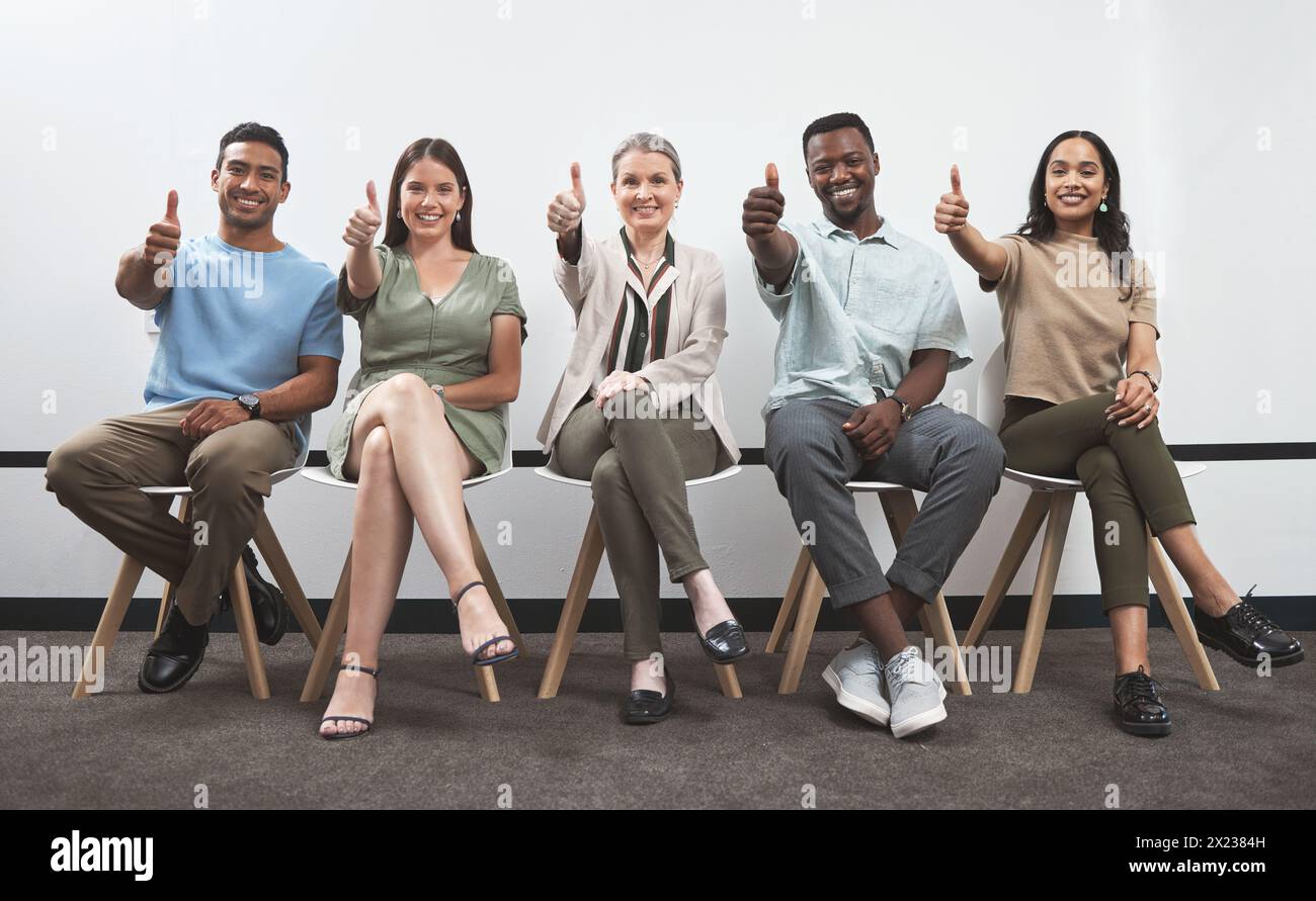 Creative people, portrait and thumbs up with row, line or waiting room ...
