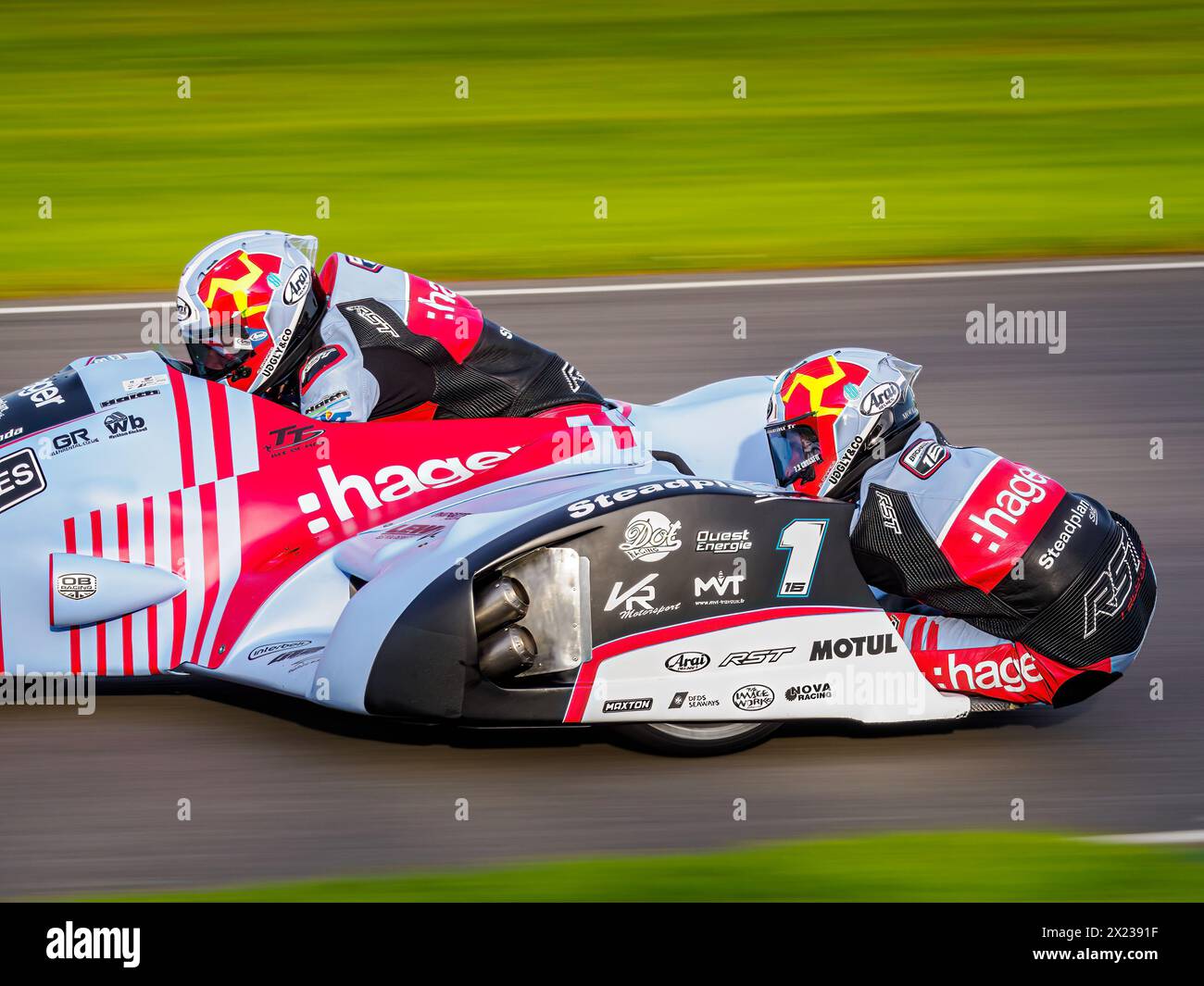 Ben Birchall and Kevin Rousseau riding a LCR Honda CBR600 at the Goodwood Members Meeting 81MM Stock Photo