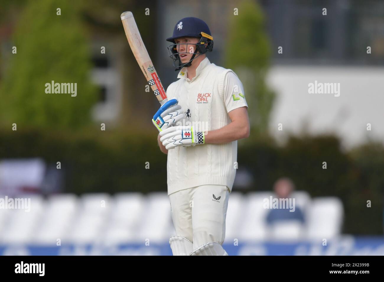 Canterbury, England. 19th Apr 2024. Zak Crawley of Kent and England during day one of the Vitality County Championship Division One fixture between Kent County Cricket Club and Surrey County Cricket Club at the Spitfire Ground, St Lawrence in Canterbury. Kyle Andrews/Alamy Live News. Stock Photo