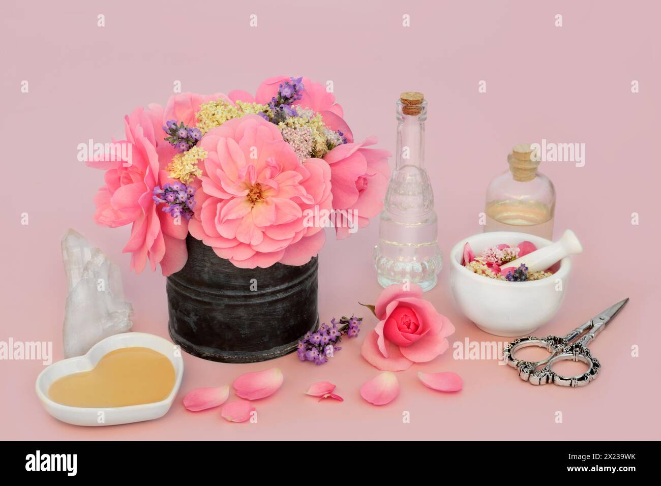 Crystal healing, relaxing adaptogen flowers, wildflowers and herbs used