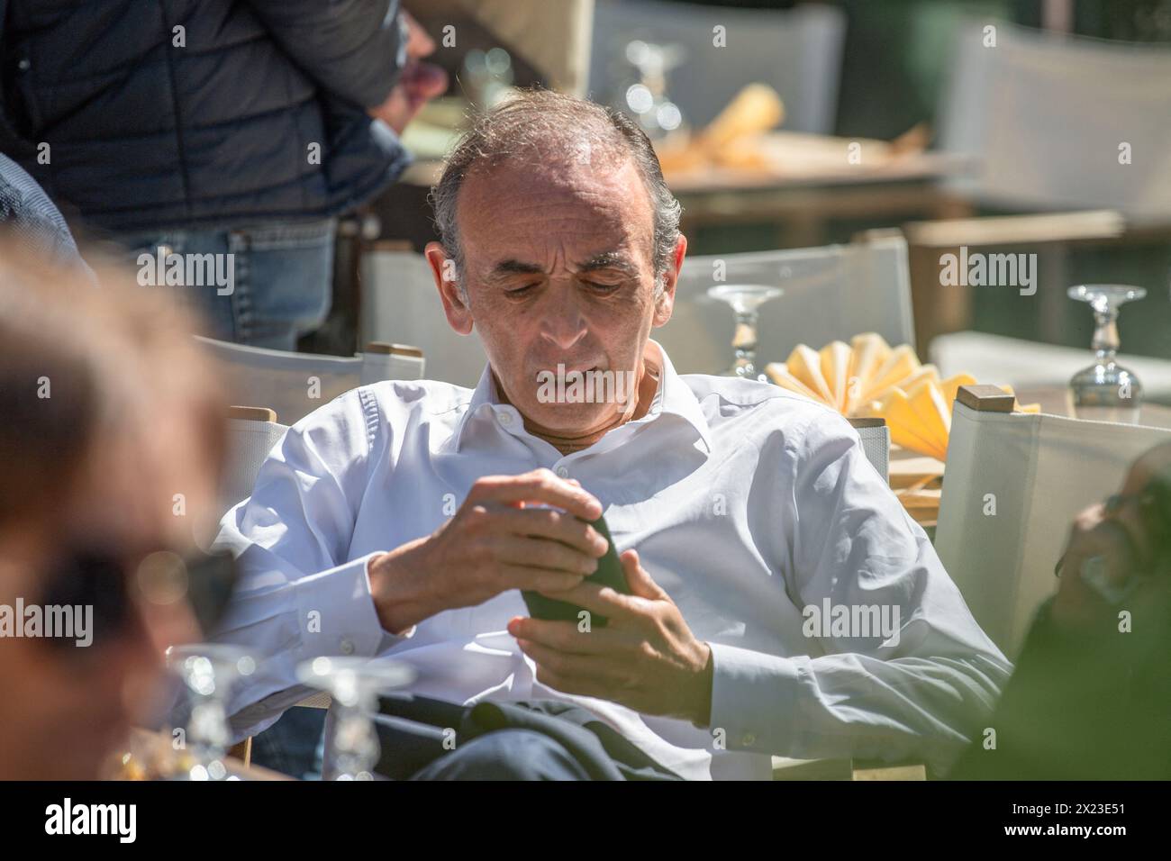 Sainte Maxime, France. 19th Apr, 2024. Eric Zemmour on the terrace of a ...