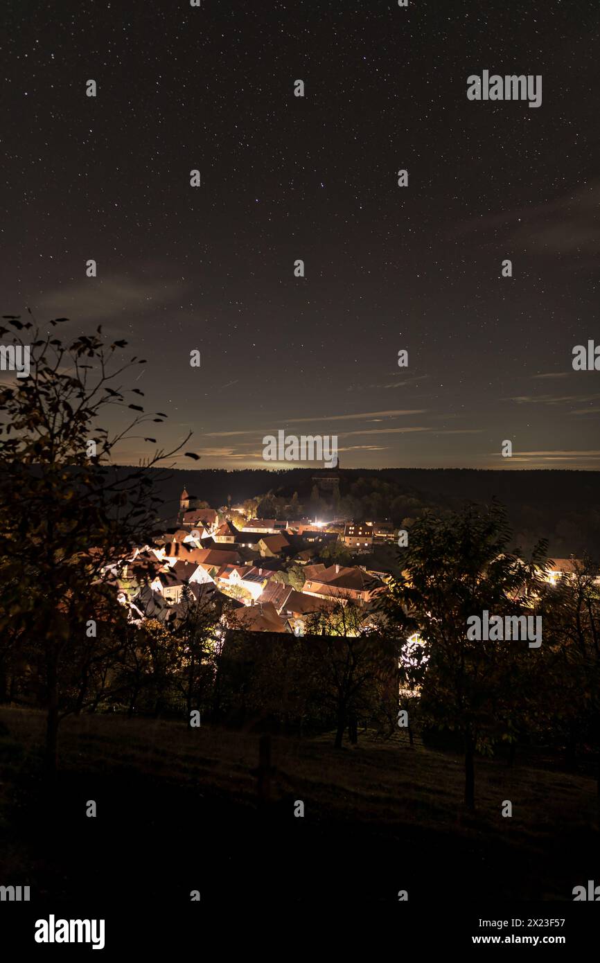 Starry sky over Virnsberg, Flachslanden, Ansbach, Middle Franconia, Franconia, Bavaria, Germany, Europe Stock Photo