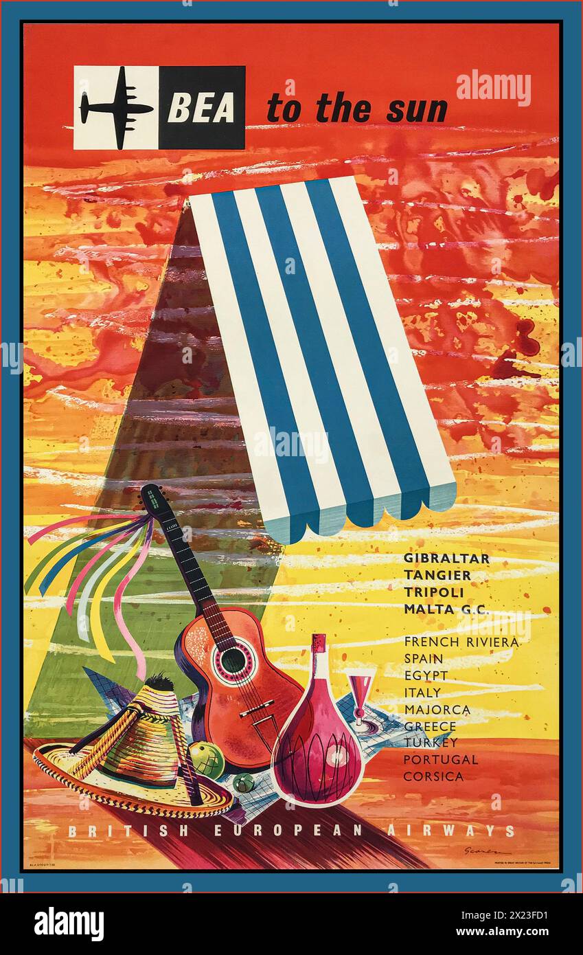 British European Airlways. BEA To The Sun 1950's Vintage British Airline Travel Advertisement Lithograph Poster Gibraltar  Tangier Tripoli Malta GC Stock Photo