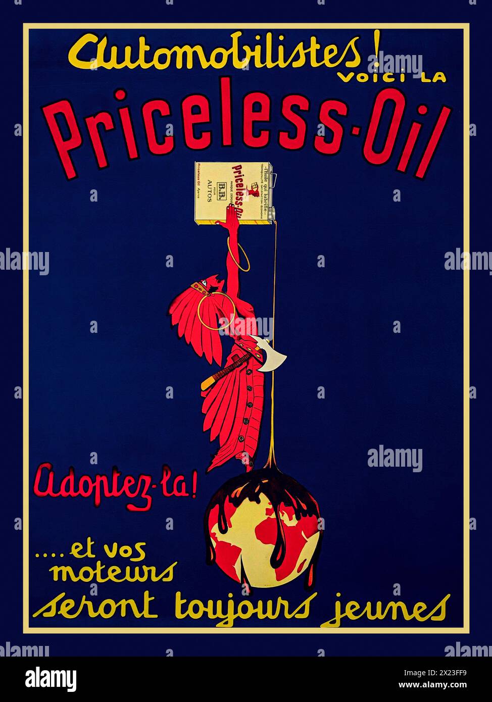 Vintage Oil conservation global use poster. 'Priceless Oil' by Laurencin Original 1928 Vintage French Motor Oil Advertisement Lithograph Poster. Features the profile of a native American in red holding up a can of oil as it pours on to the earth against a blue background. Antique Poster by Laurencin Circa: 1928  France Stock Photo