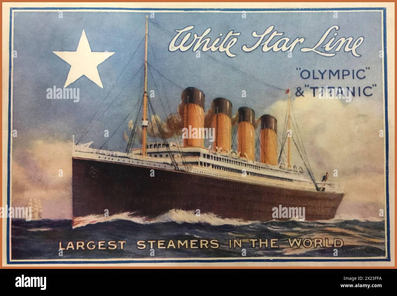Vintage RMS Titanic/Olympic Ocean Liners 1910 brochure cover and poster 'WHITE STAR LINE' Largest Steamers in The World Stock Photo