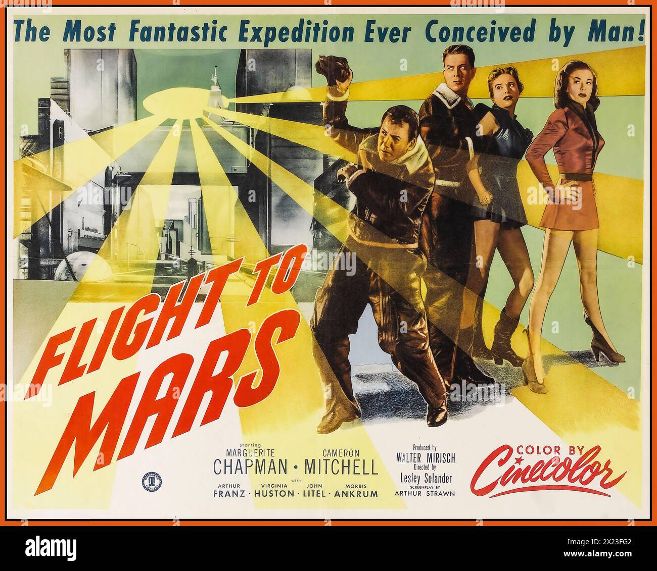'Flight to Mars' film by Monogram Pictures 1951 vintage film movie poster. Starring Marguerite Chapman, Cameron Mitchell. Directed by Lesley Selander. Produced by Walter Mirisch.Flight to Mars is a 1951 American Cinecolor science fiction film drama, produced by Walter Mirisch for Monogram Pictures, directed by Lesley Selander, that stars Marguerite Chapman, Cameron Mitchell, and Arthur Franz. The film's storyline involves the arrival on the Red Planet of an American scientific expedition team, who discover that Mars is inhabited by an underground-dwelling. Stock Photo