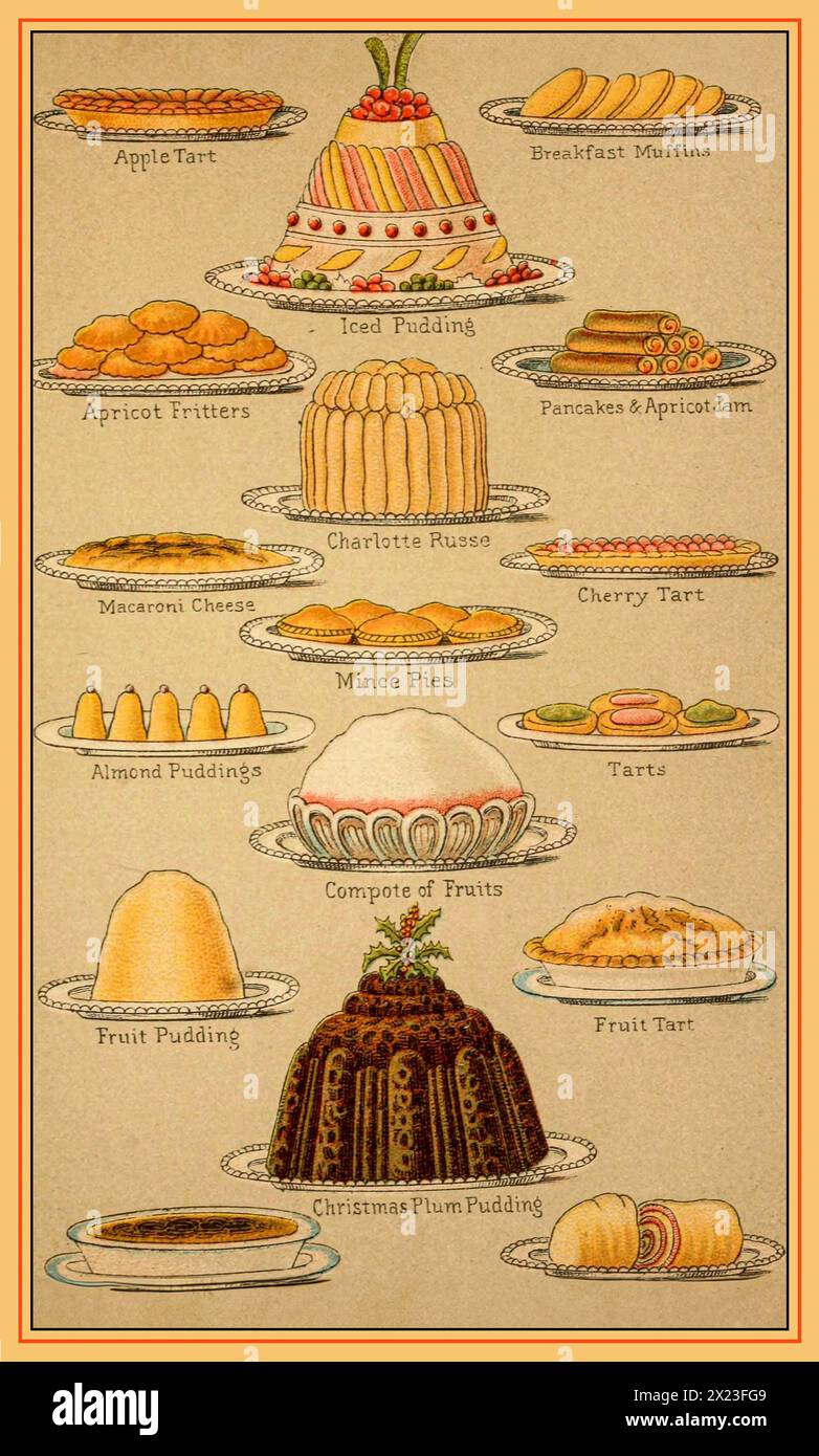 VINTAGE CHRISTMAS ENTERTAINING MRS BEETONS VICTORIAN 1895 Mrs Beeton’s Puddings and Pastry Vintage Food cookery book page colour Illustration including Christmas Plum Pudding Mrs Beetons Puddings Cookery Book illustrating wide variety of English Victorian Puddings Colour lithograph 1890’s 1900’s Stock Photo