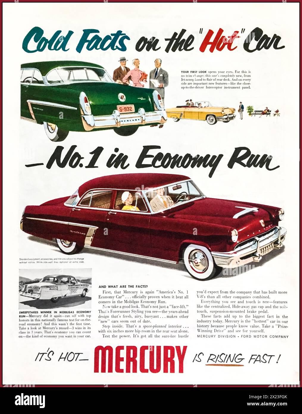 1952 Mercury American Automobile car Press advertisement 'No 1 in Economy Run' 'Its hot MERCURY is rising fast' America Americana USA American post war car production part of FORD Motor company group. USA 1950s Stock Photo