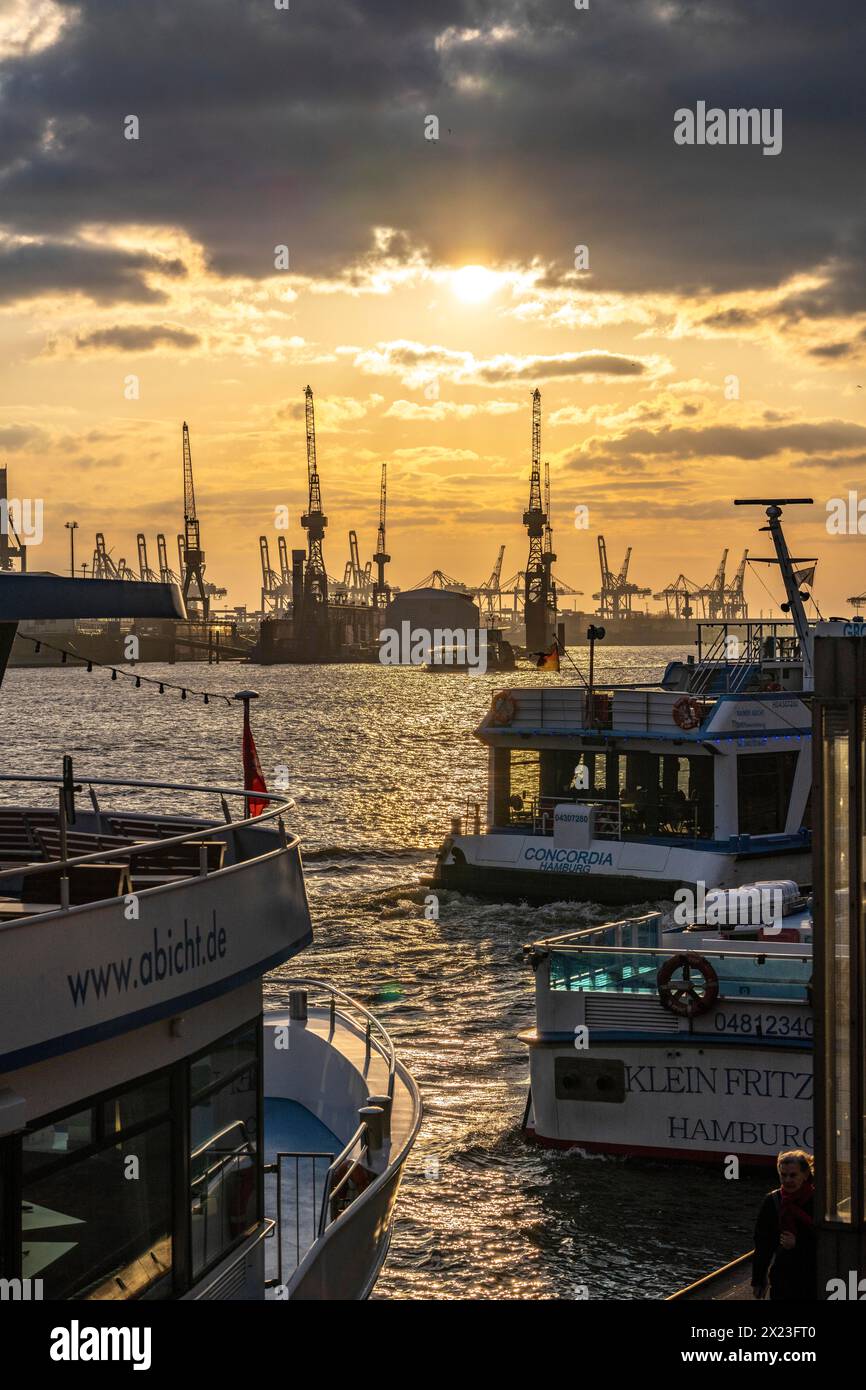 Port of Hamburg, view of the Blohm + Voss shipyard, in the evening ...