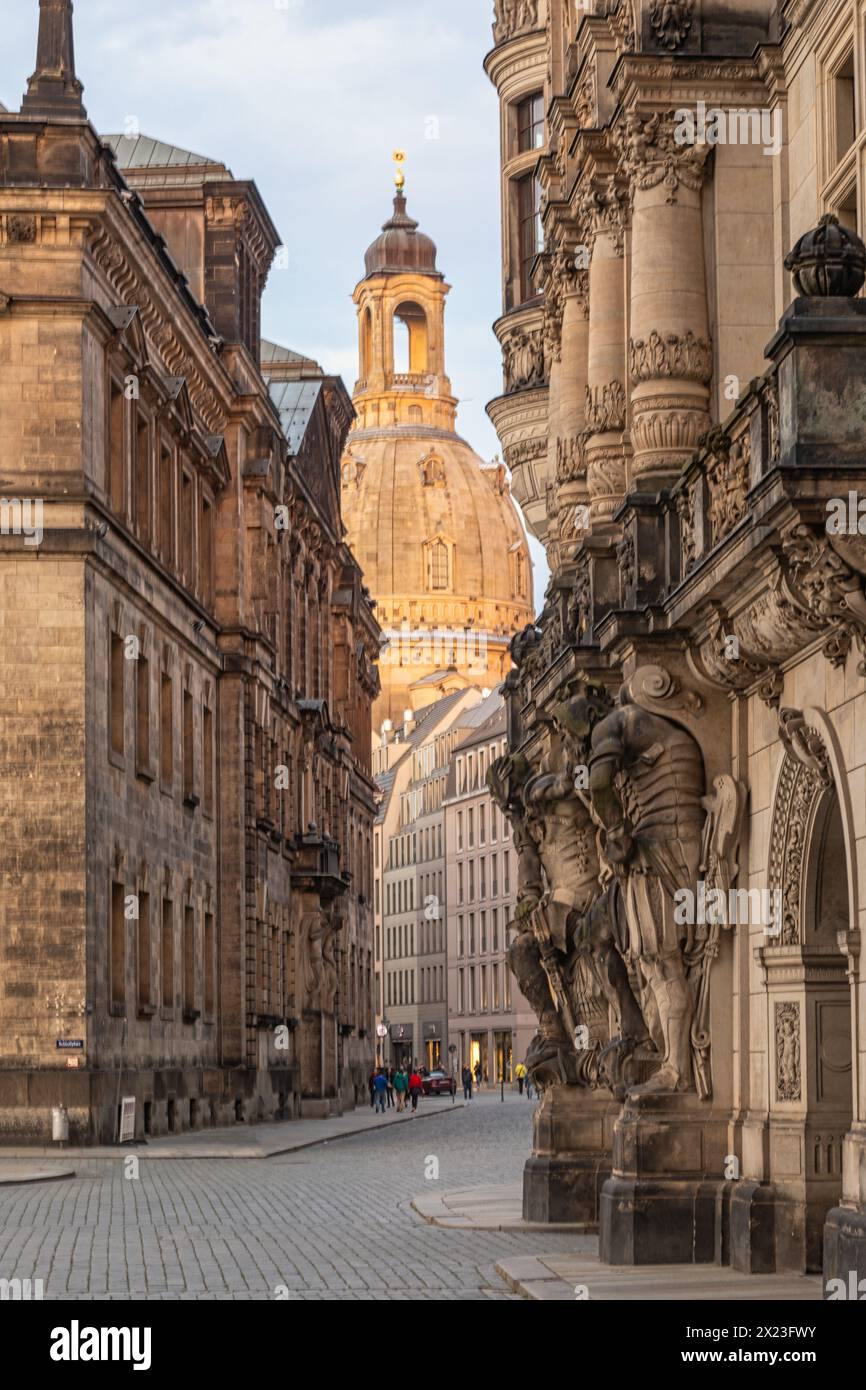 Evening in Dresden, Frauenkirche, Elbe, Saxony, Germany, Europe Stock Photo