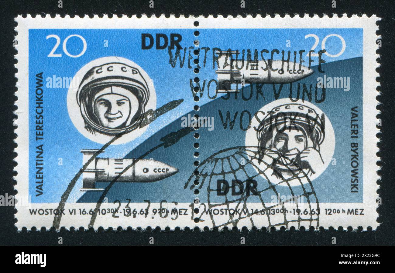 GERMANY - CIRCA 1963: stamp printed by Germany, shows Valentina Tereshkova, Vostok 6 and Valeri Bykovski, Vostok 5, circa 1963 Stock Photo