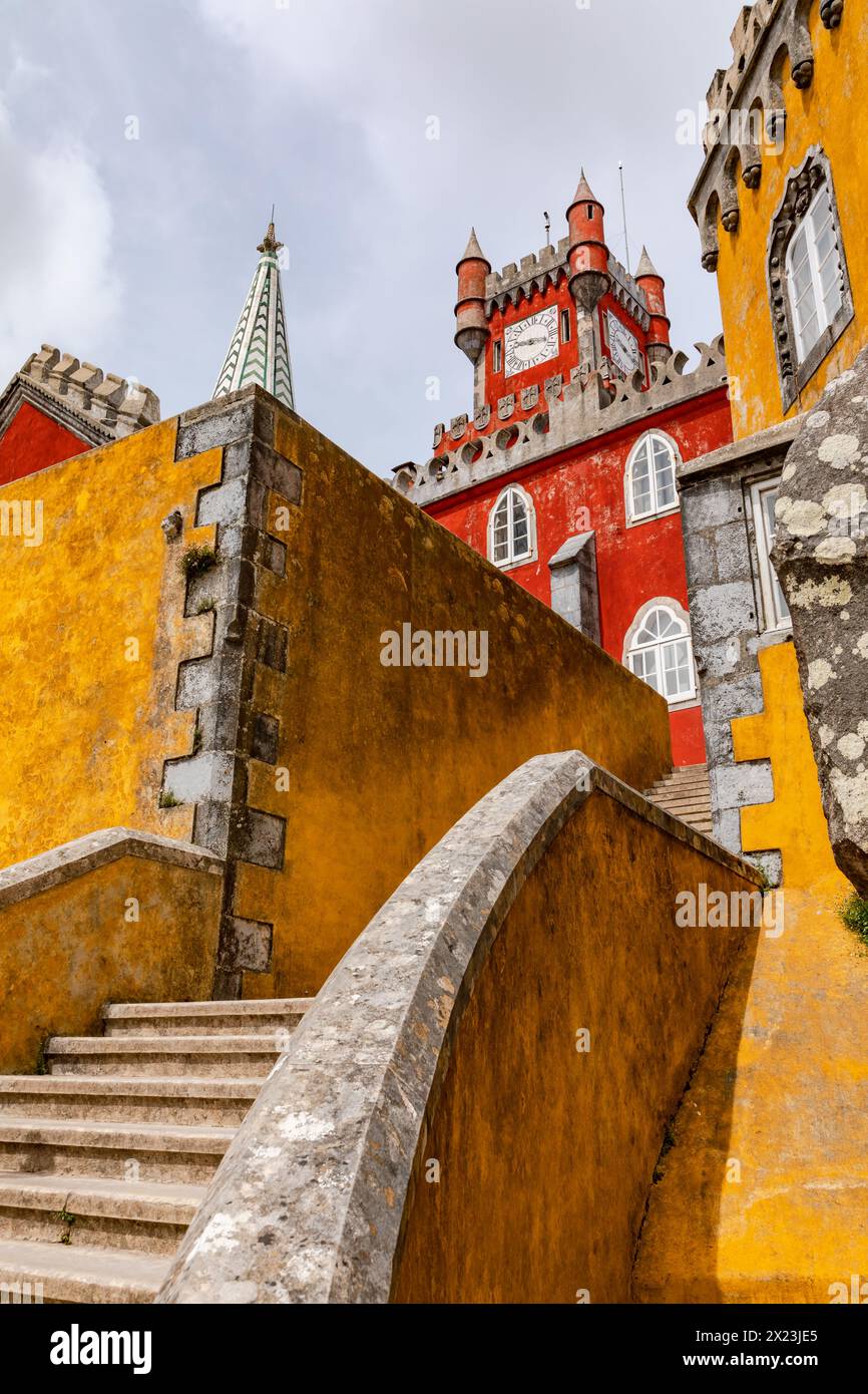 A winding staircase inside the Palacio Nacional da Pena, built in various architectural styles, above Sintra, Portugal Stock Photo