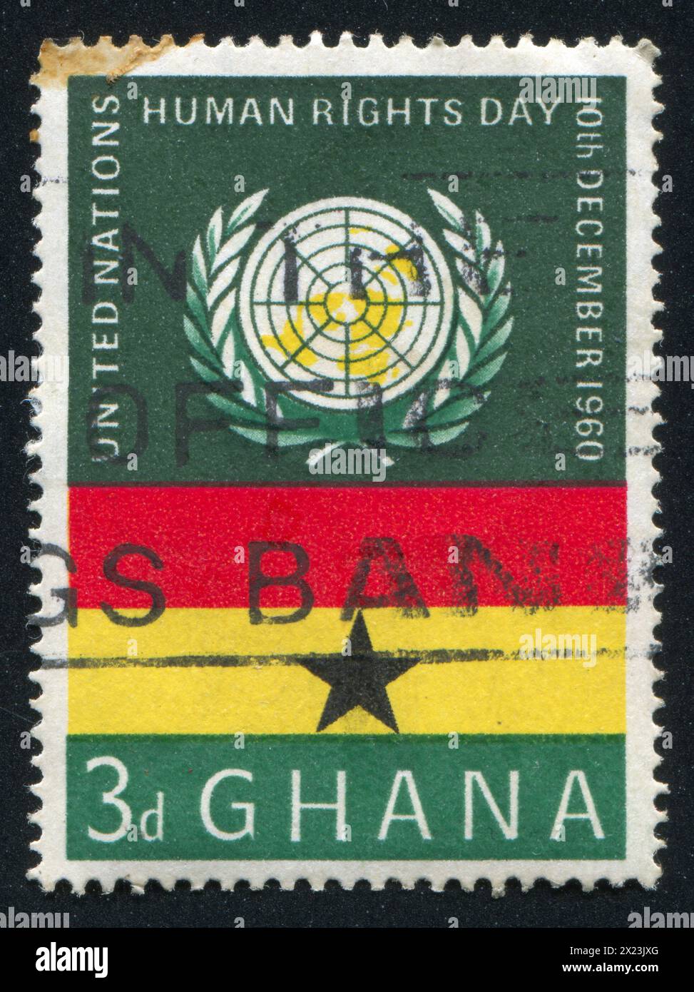 GHANA - CIRCA 1960: stamp printed by Ghana, shows UN Emblem and Ghana flag, circa 1960 Stock Photo