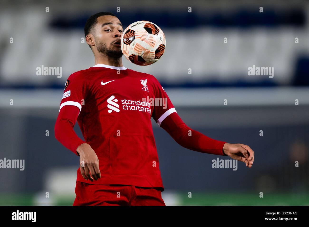 Bergamo, Italy. 18 April 2024. Cody Gakpo of Liverpool FC in action during the UEFA Europa League quarter-final second leg football match between Atalanta BC and Liverpool FC. Credit: Nicolò Campo/Alamy Live News Stock Photo