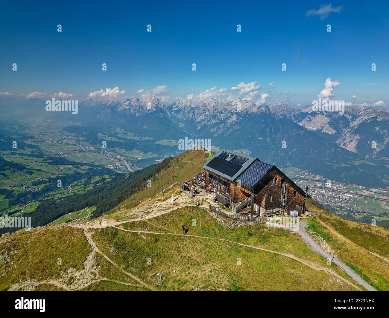 Kellerjochhaus with Inntal and Karwendel in the background, Kellerjoch, Tux Alps, Tyrol, Austria Stock Photo