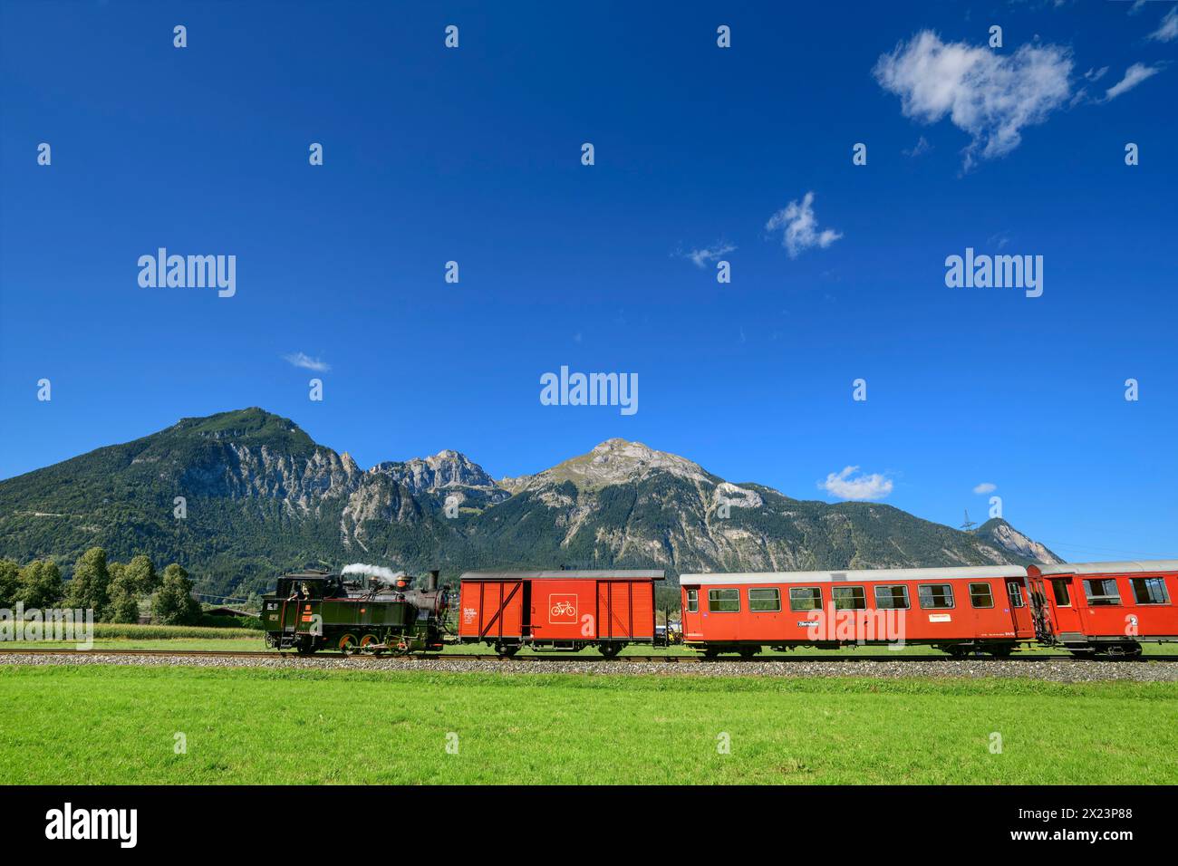 Steam locomotive of the Zillertalbahn with Rofan in the background, Zillertal, Tyrol, Austria Stock Photo