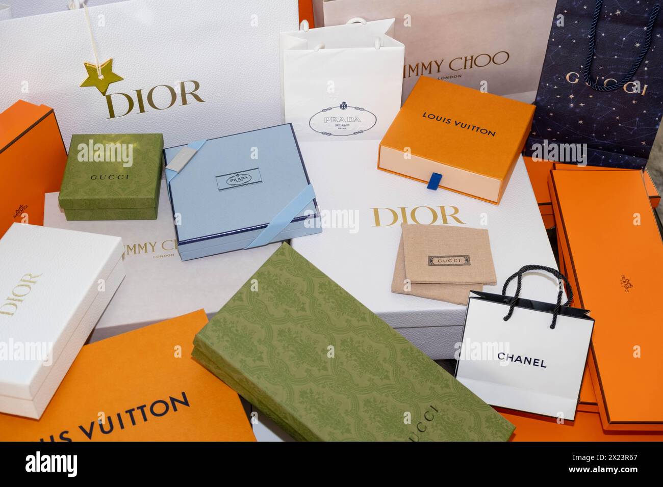 Various Luxury Brand boxes and packaging Stock Photo