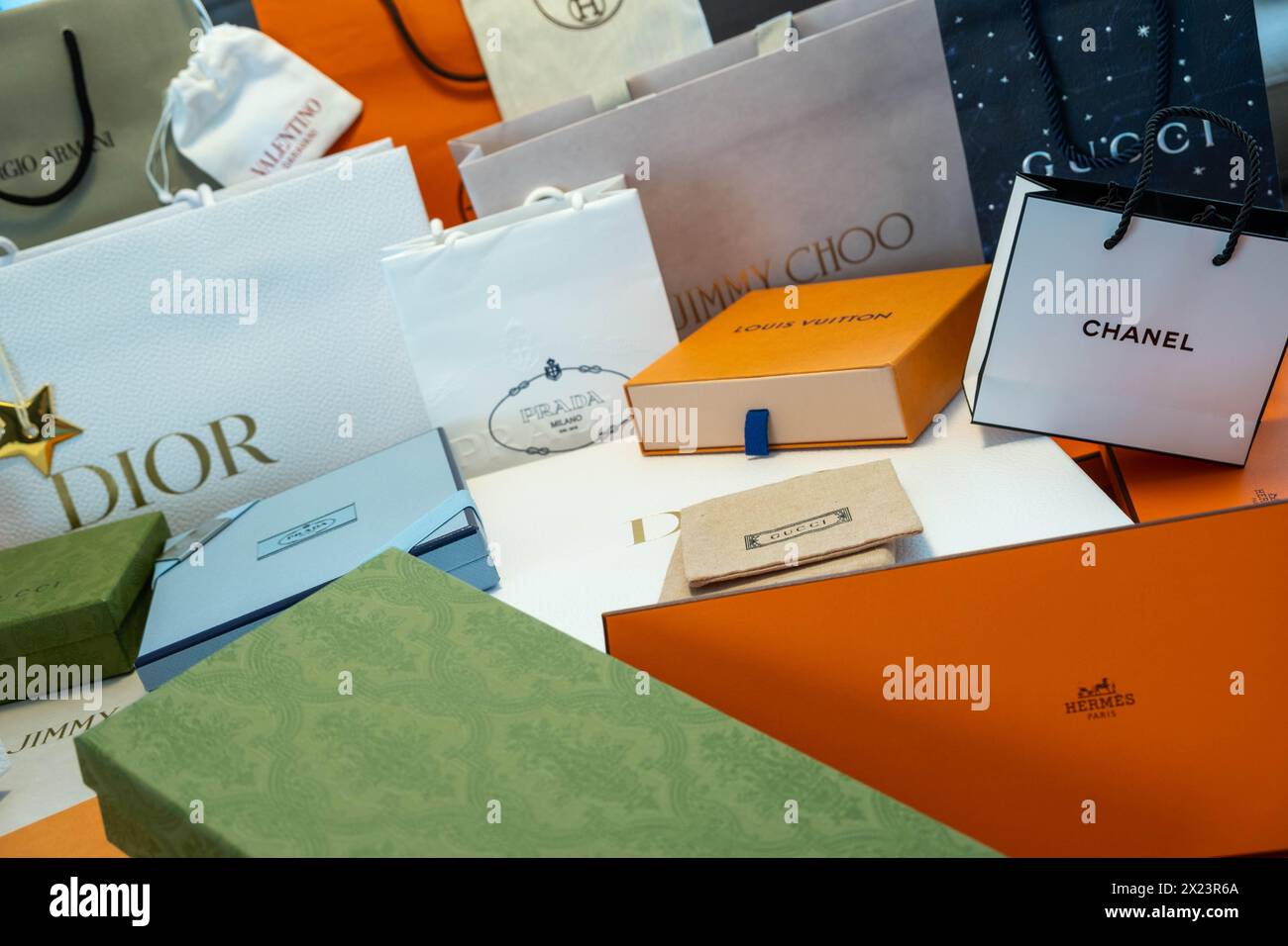 Various Luxury Brand boxes and packaging Stock Photo