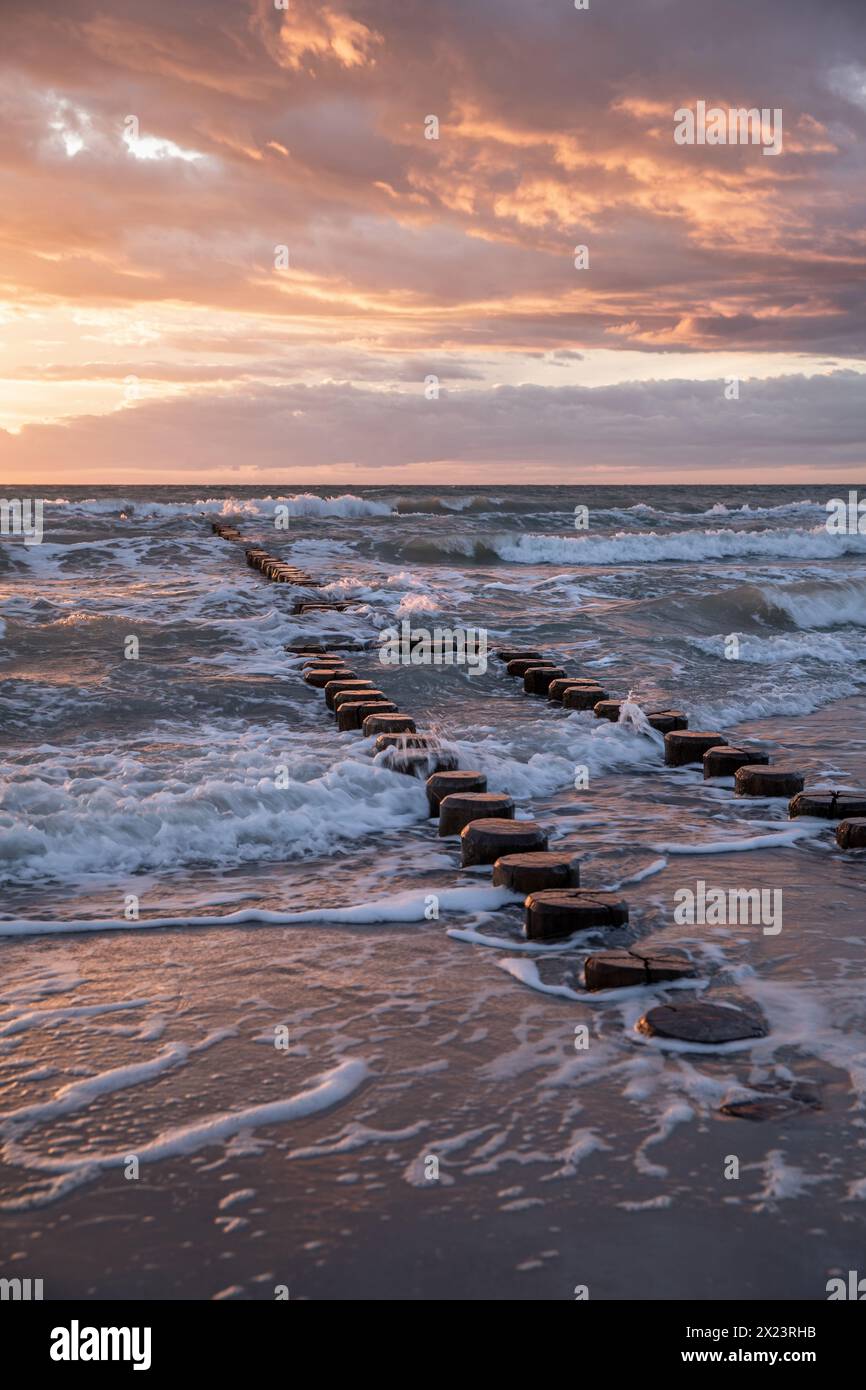 Sunset in front of Fischland-Darß, Baltic Sea, Mecklenburg-Western Pomerania, Germany Stock Photo