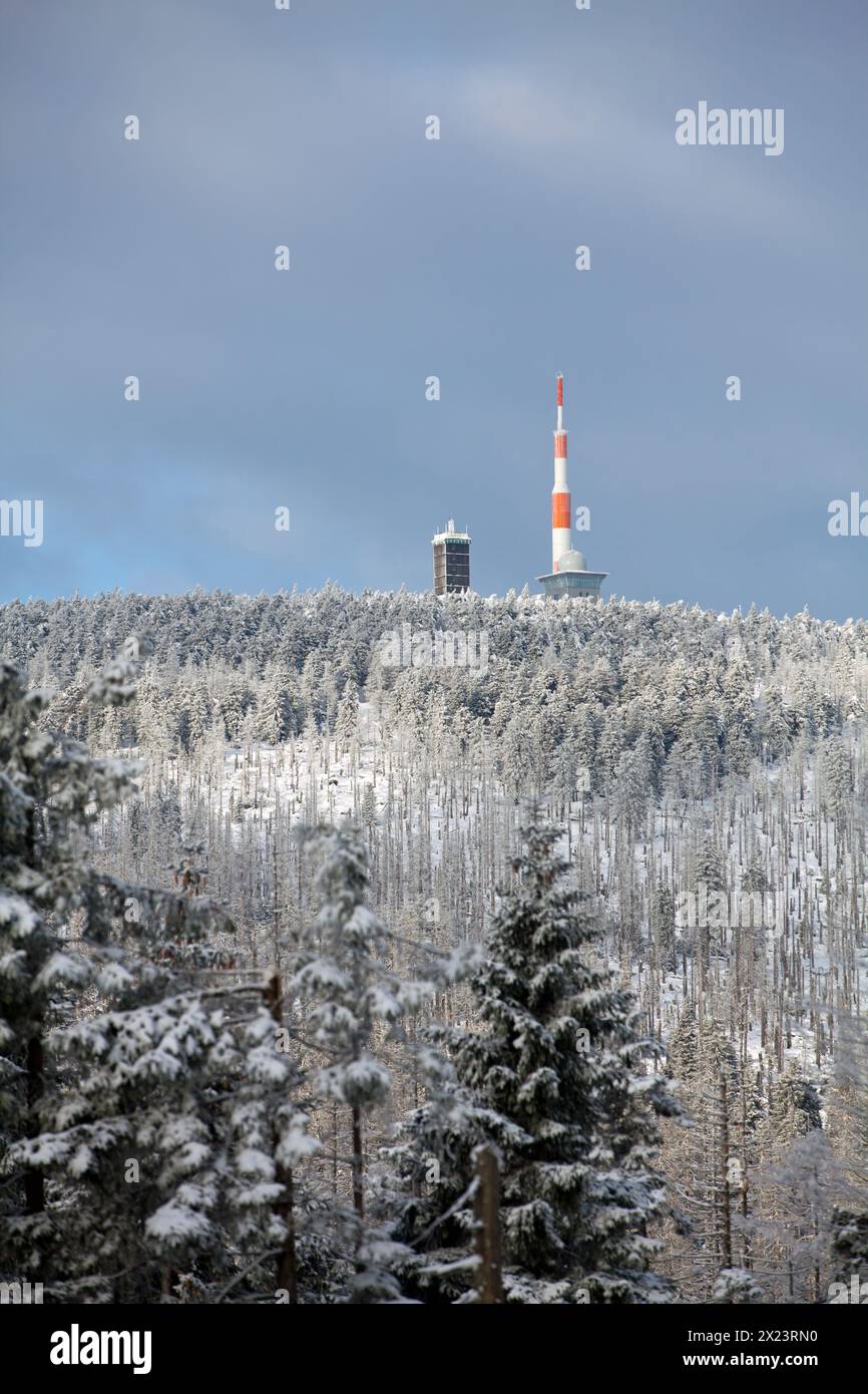 View of the Brocken (Harz) with weather station and Brockenhaus, Schierke (Wernigerode), Saxony-Anhalt, Germany Stock Photo