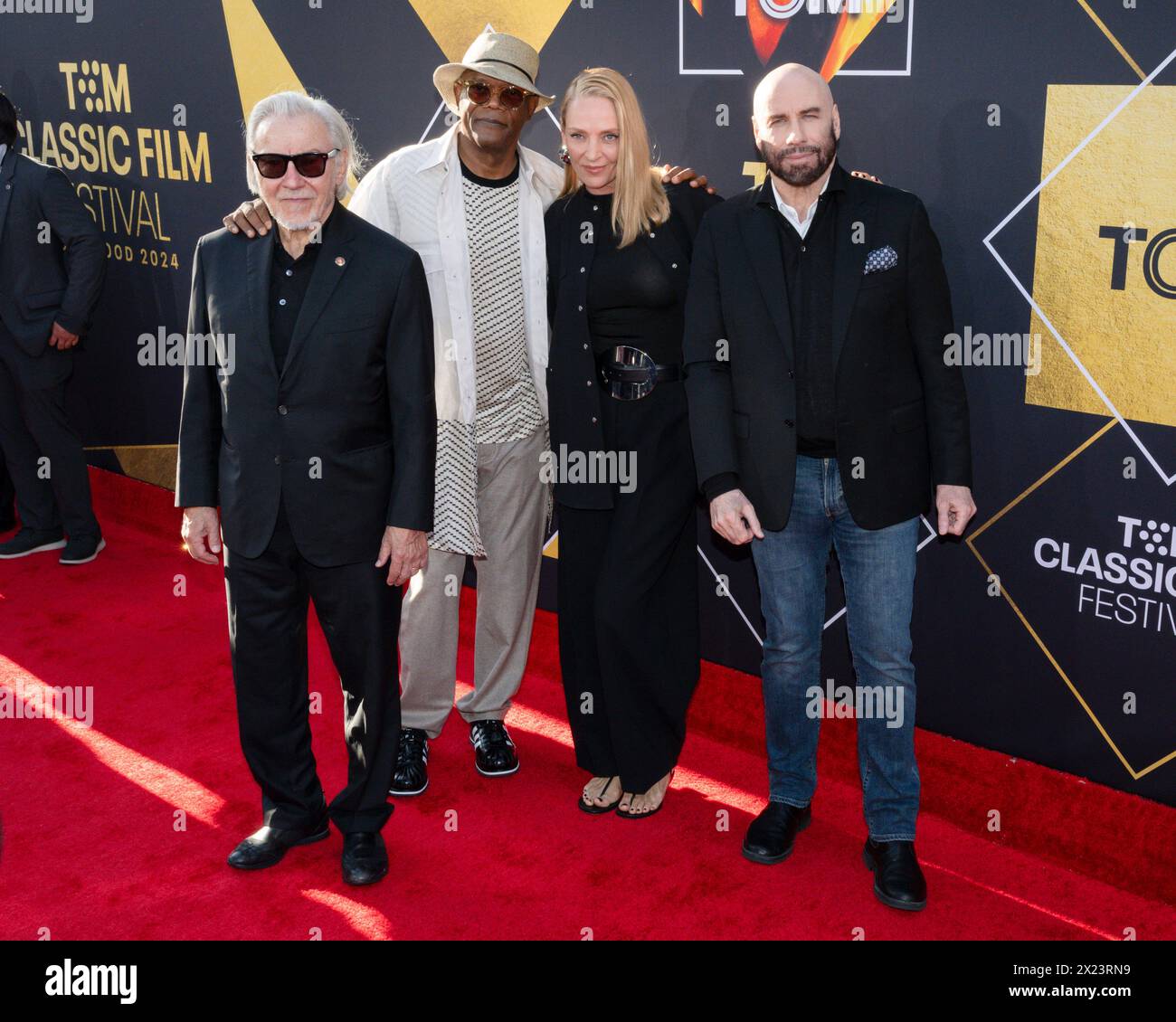 April 18, 2024, Hollywood, California, USA: HARVEY KEITEL, SAMUEL L. JACKSON, UMA THURMAN and JOHN TRAVOLTA attend the 30th Anniversary Presentation of 'Pulp Fiction' as the Opening Night Film of the 2024 TCM Classic Film Festival. (Credit Image: © Billy Bennight/ZUMA Press Wire) EDITORIAL USAGE ONLY! Not for Commercial USAGE! Stock Photo