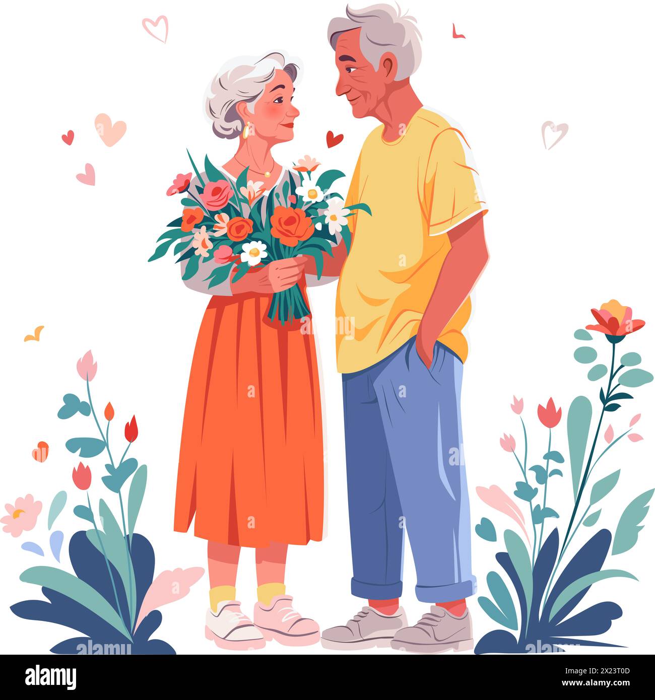 Old man gives bouquet of flowers to sweet old lady. Love and date concept. Vector flat illustration Stock Vector