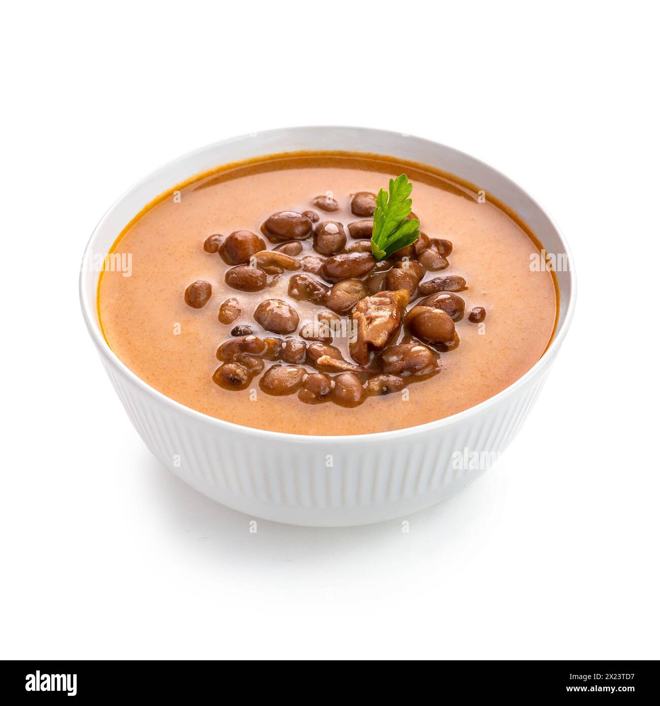 Dive into a bowl of hearty bean soup infused with tender pork pieces, offering warmth and comfort on a chilly day. The creamy white bowl highlights th Stock Photo