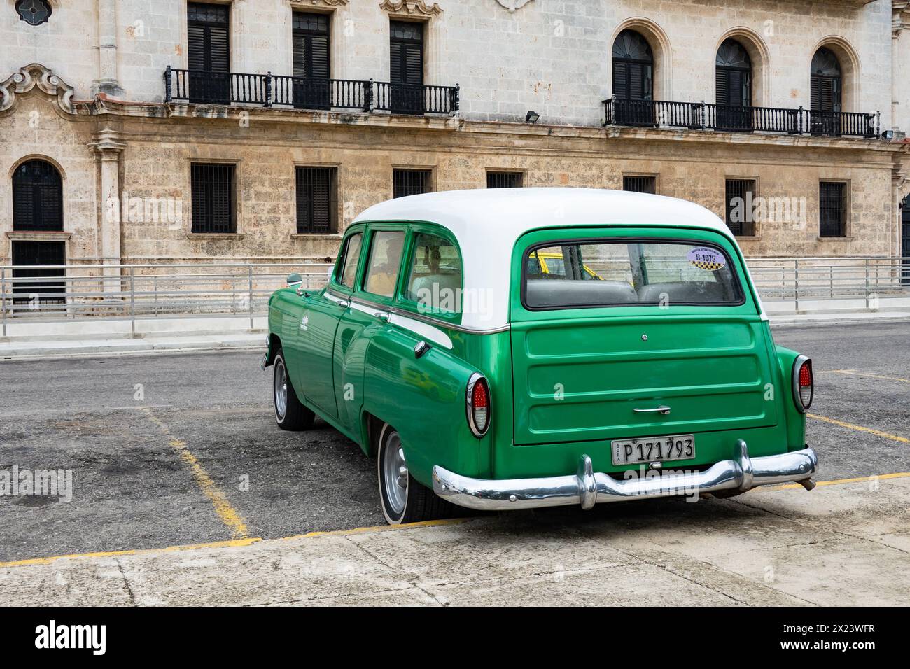 HAVANA, CUBA - AUGUST 28, 2023: Rear view of green Chevrolet Ble Air 1953 Statiowagon in streets of Havana, Cuba Stock Photo