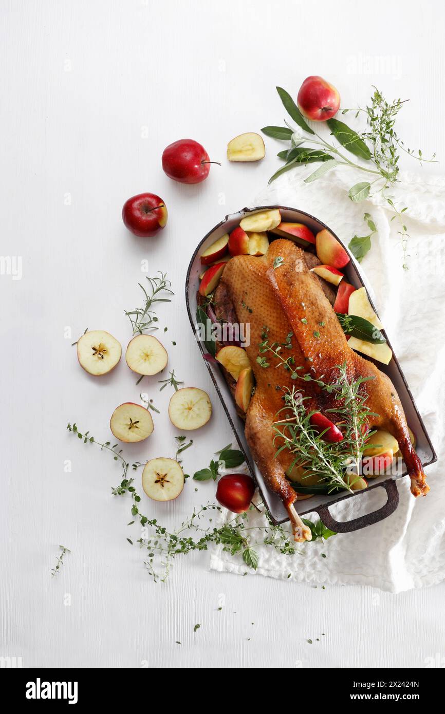 Roast goose with apples Stock Photo