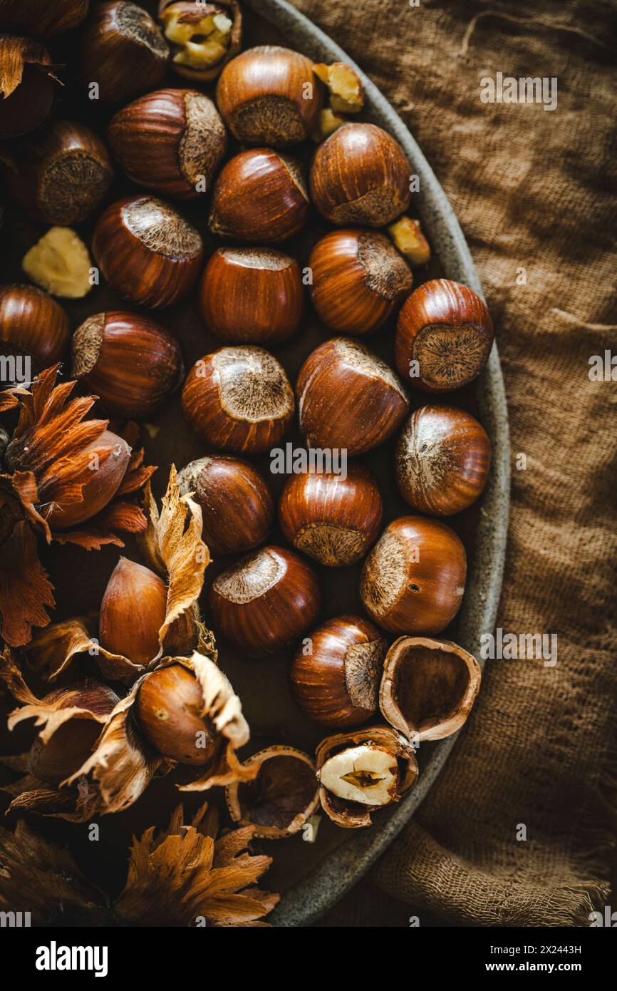 Hazelnuts on a plate Stock Photo