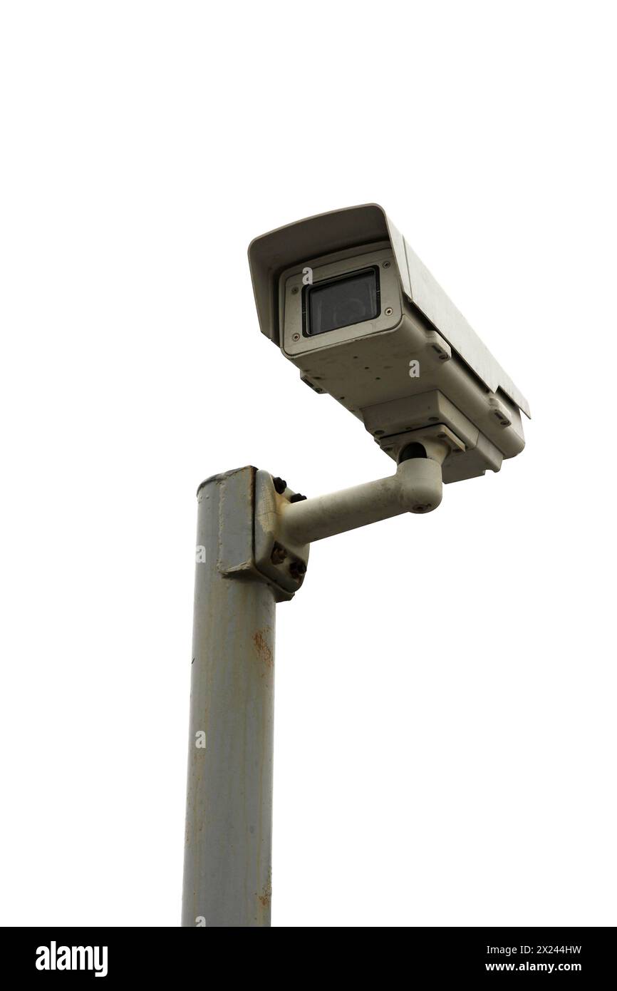 CCTV on high pole isolated on white background. Stock Photo