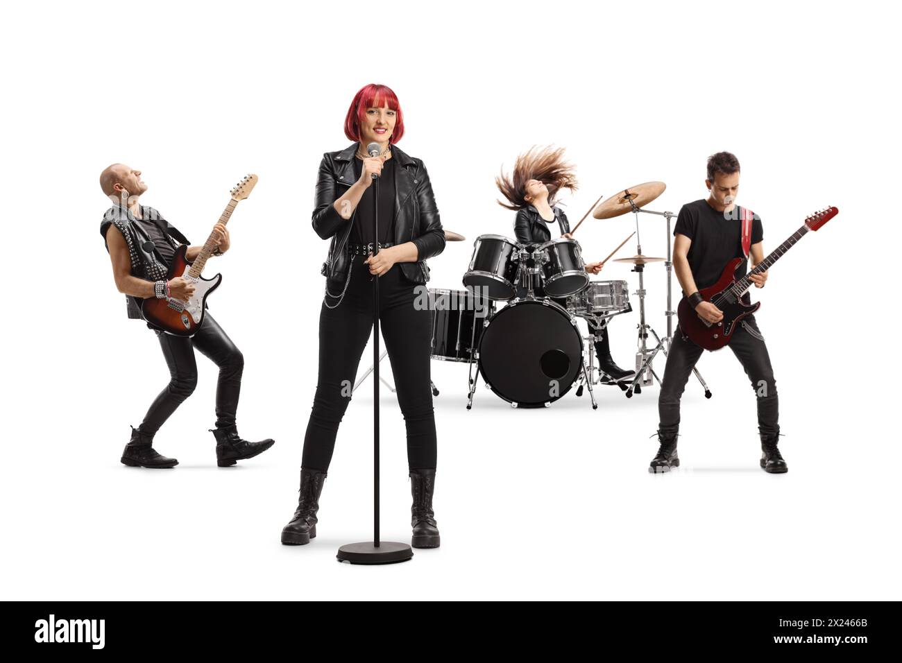 Rock band performing with a lead female singer isolated on white background Stock Photo