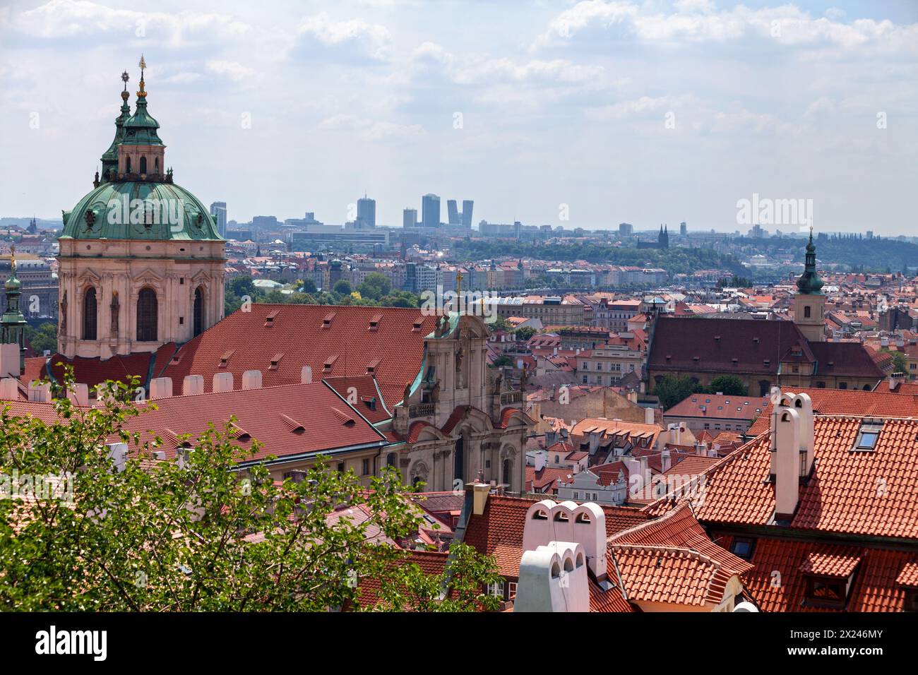 St. Nicholas Church with behind the Church of Our Lady Victorious and The Infant Jesus of Prague, the Basilica of St Peter and St Paul, the Prague Con Stock Photo