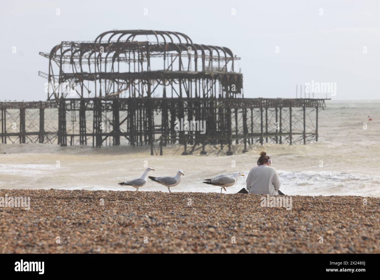 The photogenic metal framework of the former West Pier in Brighton. Designed by Eugenius Birch in 1866, it was closed to the public in 1975, Sussex. Stock Photo