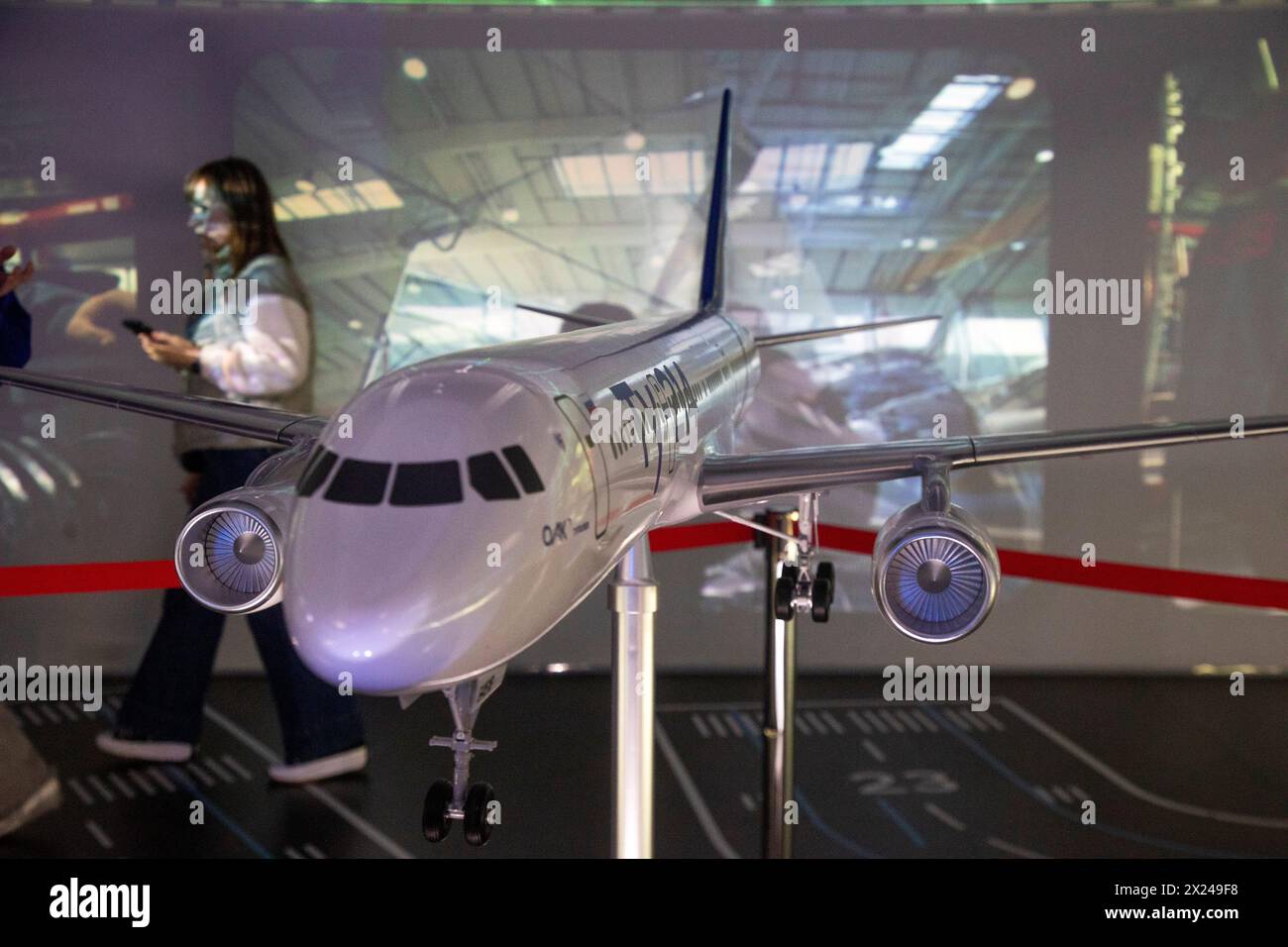 Moscow, Russia. 19th of April, 2024. A mockup of Russian TU-214 passenger aircraft is on display at the National Expo 'Russia' on the territory of the exhibition complex VDNKh in Moscow, Russia Stock Photo