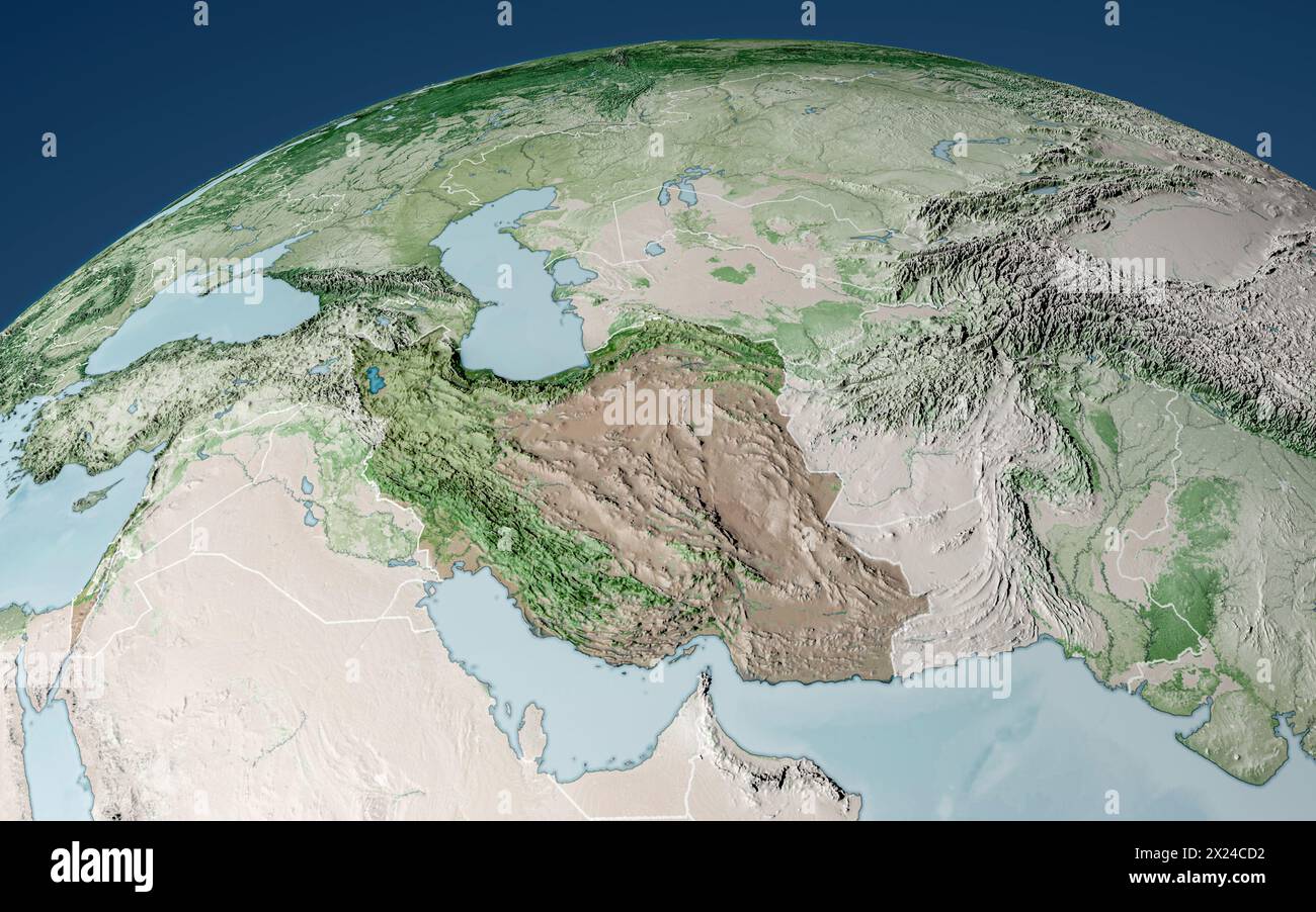 Satellite view of Iran map and borders, physical map Middle East, Arabian peninsula, map with reliefs and mountains. 3d rendering. Nasa Stock Photo