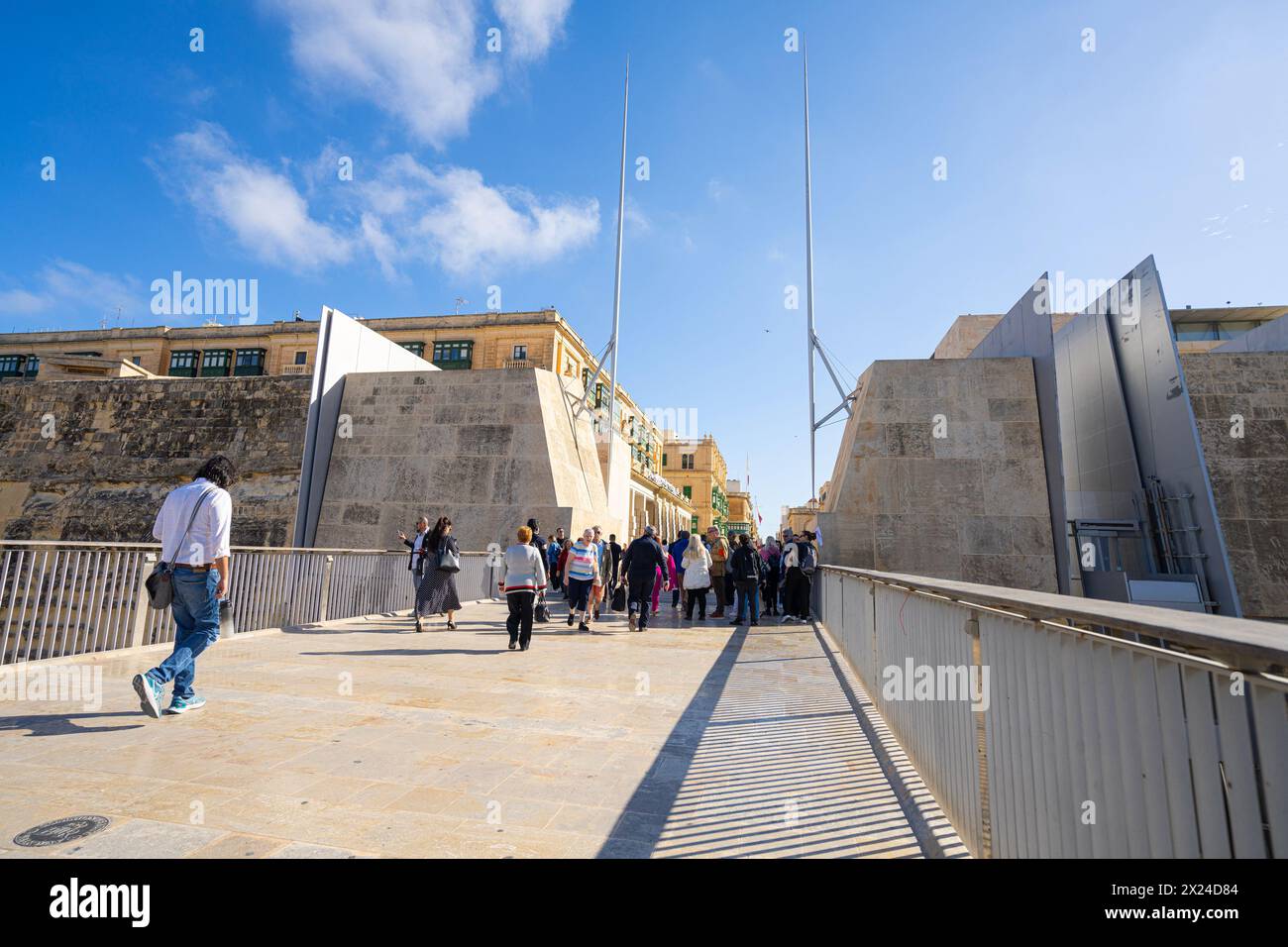 Valletta, Malta, April 04, 2024.  panoramic view of tourists on the City Gate in the city center Stock Photo