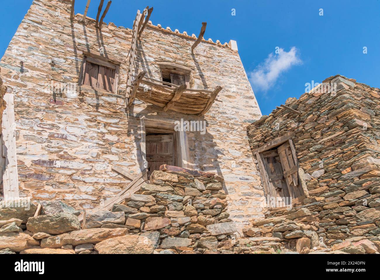 An ancient castle constructed using stones in ancient architecture called Bakhroush Ben Alas Castle is situated in the Al Baha region of Saudi Arabia Stock Photo