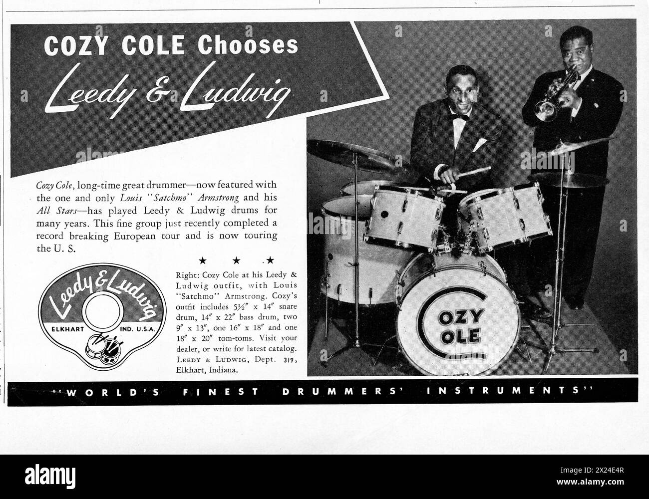 An ad for Leedy & Ludwig drums featuring drummer Cozy Cole and his very famous boss, Louis Armstrong. Stock Photo