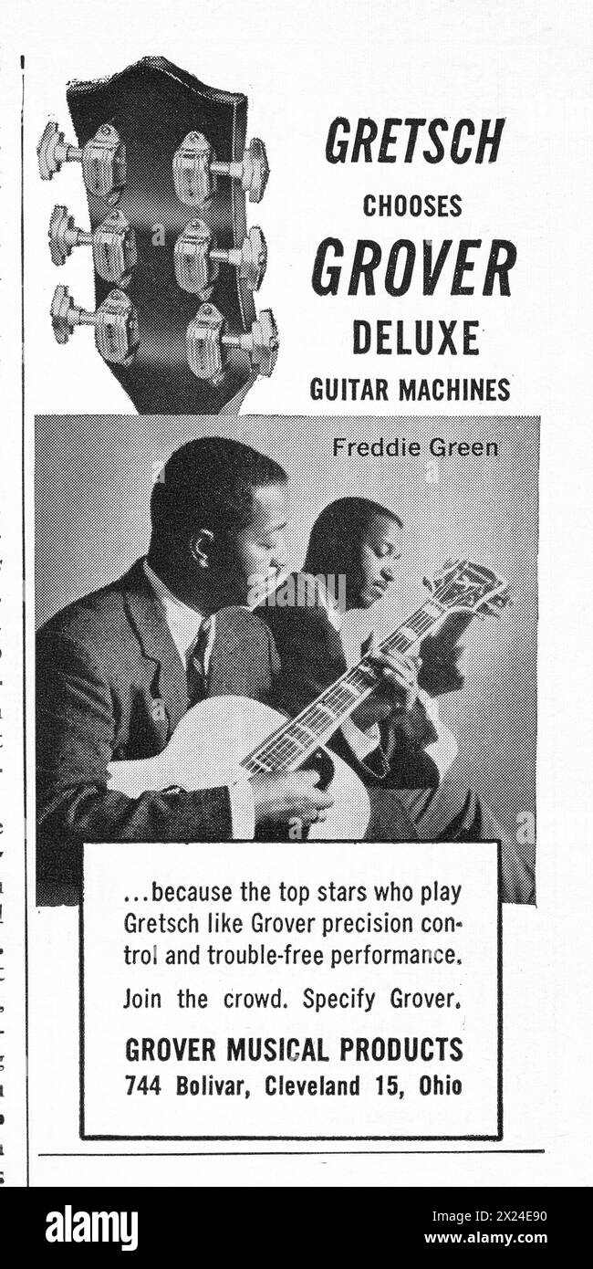 An ad from a 1962 American music magazine for Gretsch guitars featuring the great Freddie Green, best known as a rhythm guitarist for the Count Basie Stock Photo
