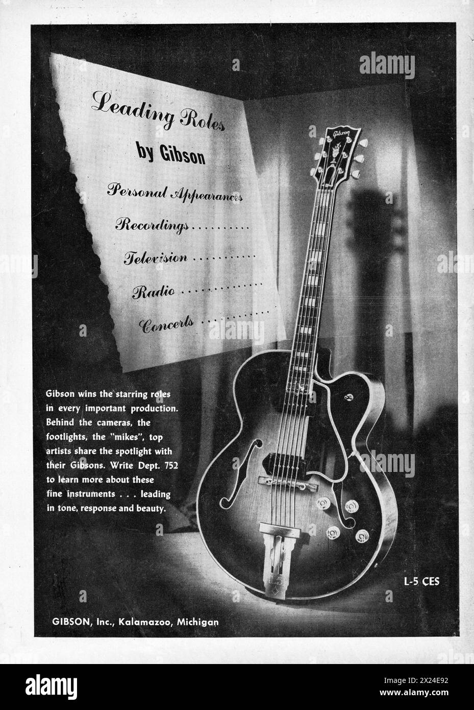 An ad for Gibson guitars from an early 1950s magazine. It showcases the L-5 CES model. Stock Photo