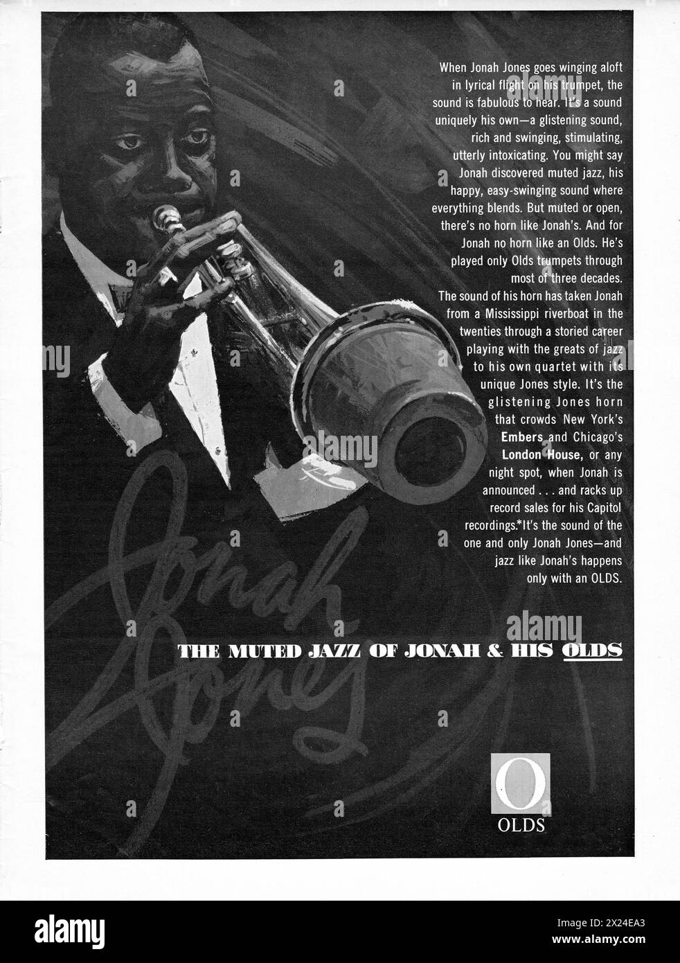 A full page ad for Olds trumpets featuring an endorsement by Jonah Jones and flattering remarks about his great tone both open & muted. Stock Photo