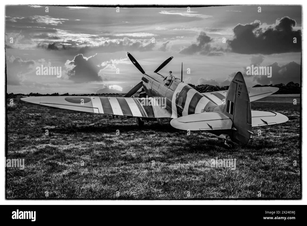 World War Two Spitfire. Photo recon Mark 11 in D-Day Markings. Stock Photo