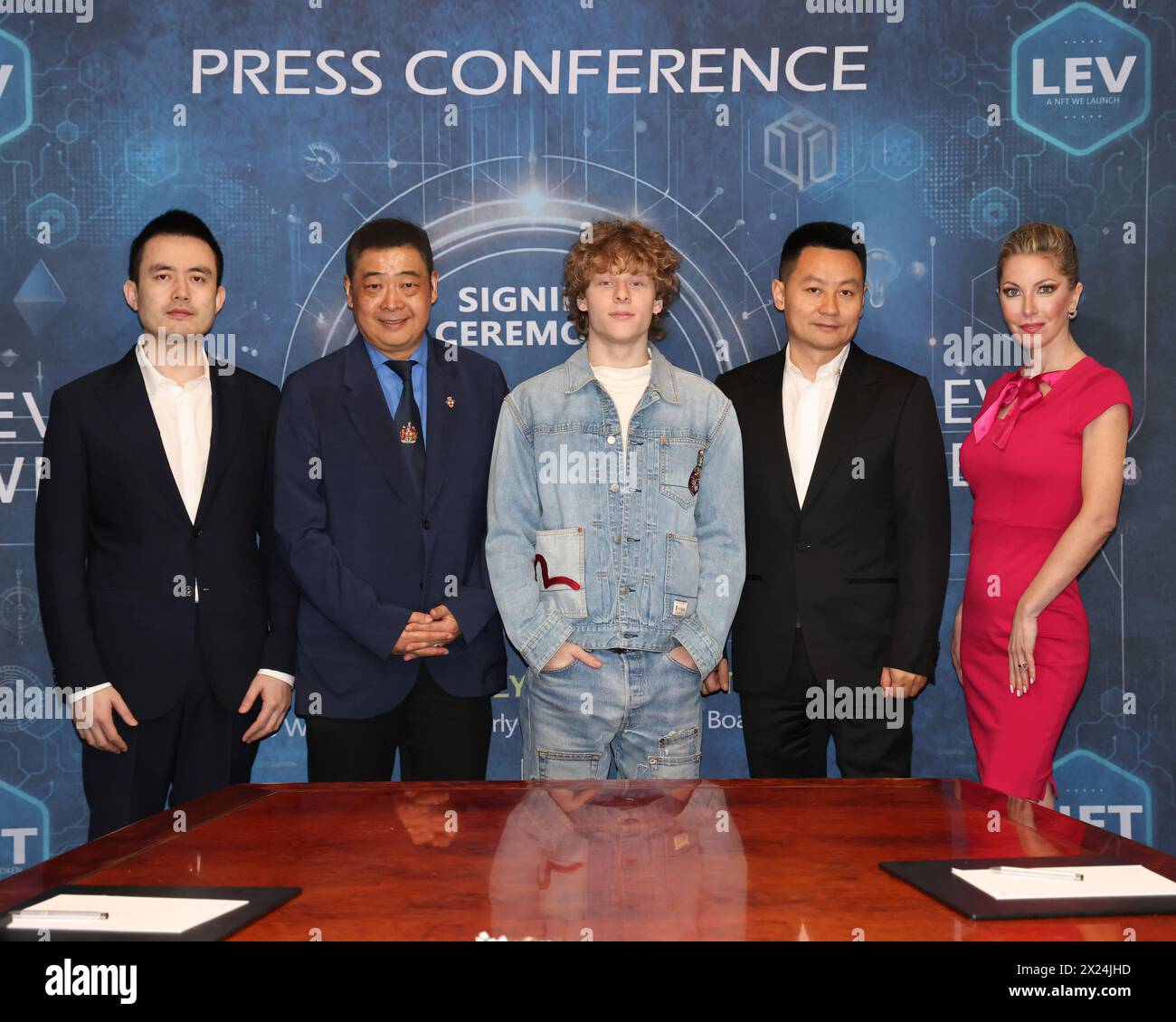 Beverly Hills, California, USA. 17th April, 2024. Charles Yu, Investor of Beverly Web3.0, TV host Joey Zhou, CEO of Beverly Web3.0, influencer Lev Cameron, Peter Zhang, President of Beverly Web3.0, and model/host Dustin Quick, attending the Beverly Web3.0 and Lev Cameron NFT Launch Press Conference at the Beverly Hilton Hotel in Beverly Hills, California. Credit: Sheri Determan Stock Photo