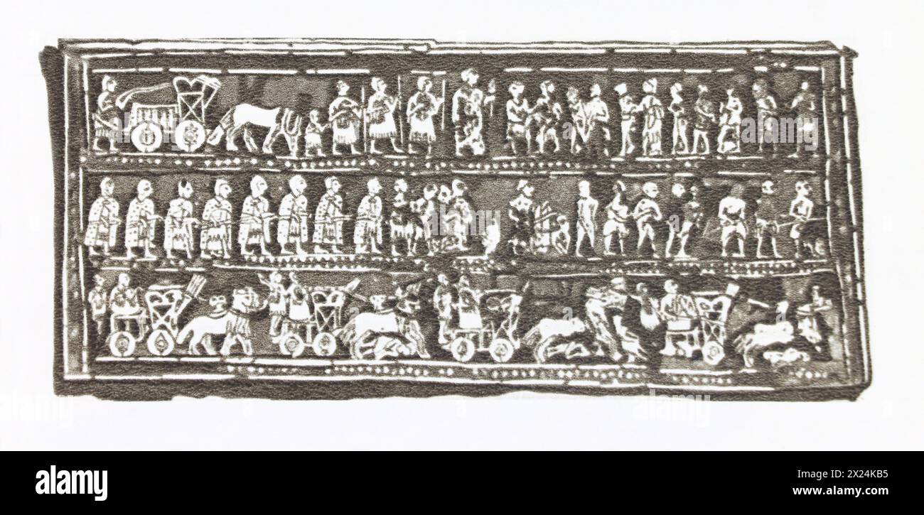 An ancient standard from the tomb of the ancient Sumerian city of Ur. The bringing of prisoners to the king and military commanders and the chariot battle are depicted. Photo from the middle of the 20th century. Stock Photo