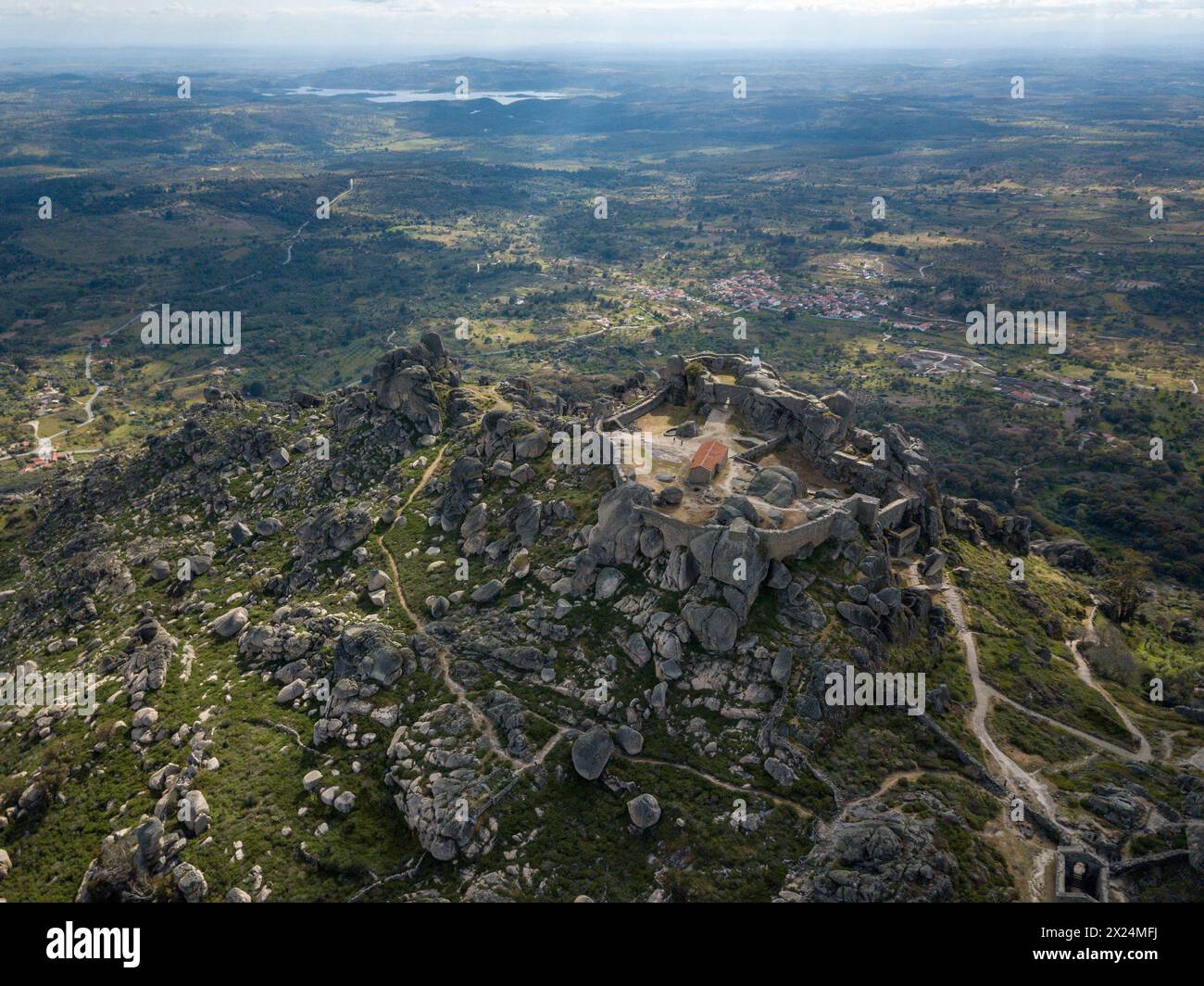 Aerial view of castle and surrounding landscape in Monsanto town in Portugal. Idanha-a-Nova, Castelo Branco, Portugal Stock Photo