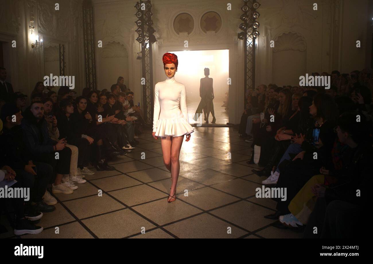 Prague, Czech Republic. 19th Apr, 2024. A model presents a creation by