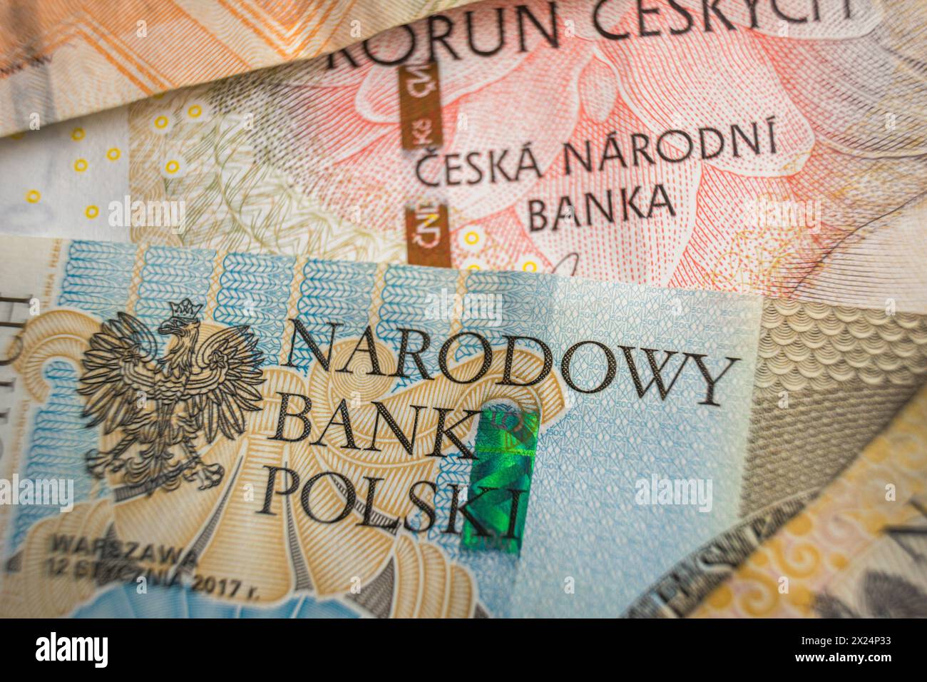 Czech and polish National Bank on banknotes close-up economic relations concept Stock Photo